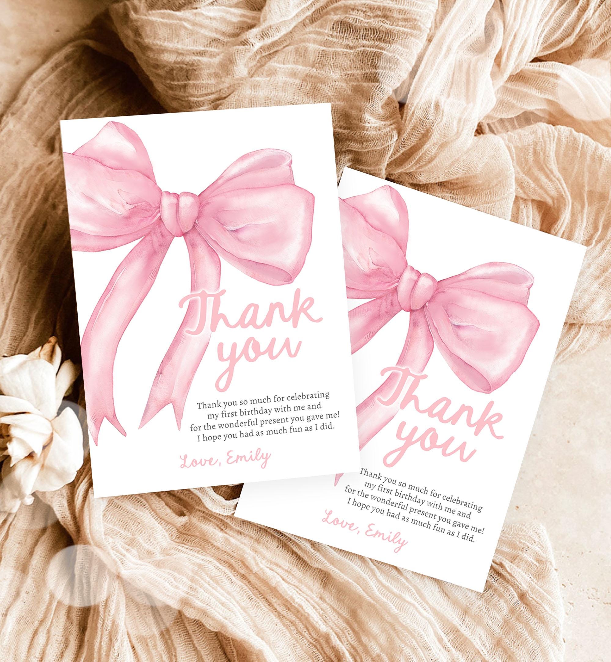 Editable Pink Bow Thank You Card Girls Just Wanna Be One Pink Coquette 1st Birthday Girl Preppy Digital Template Download Printable 0527