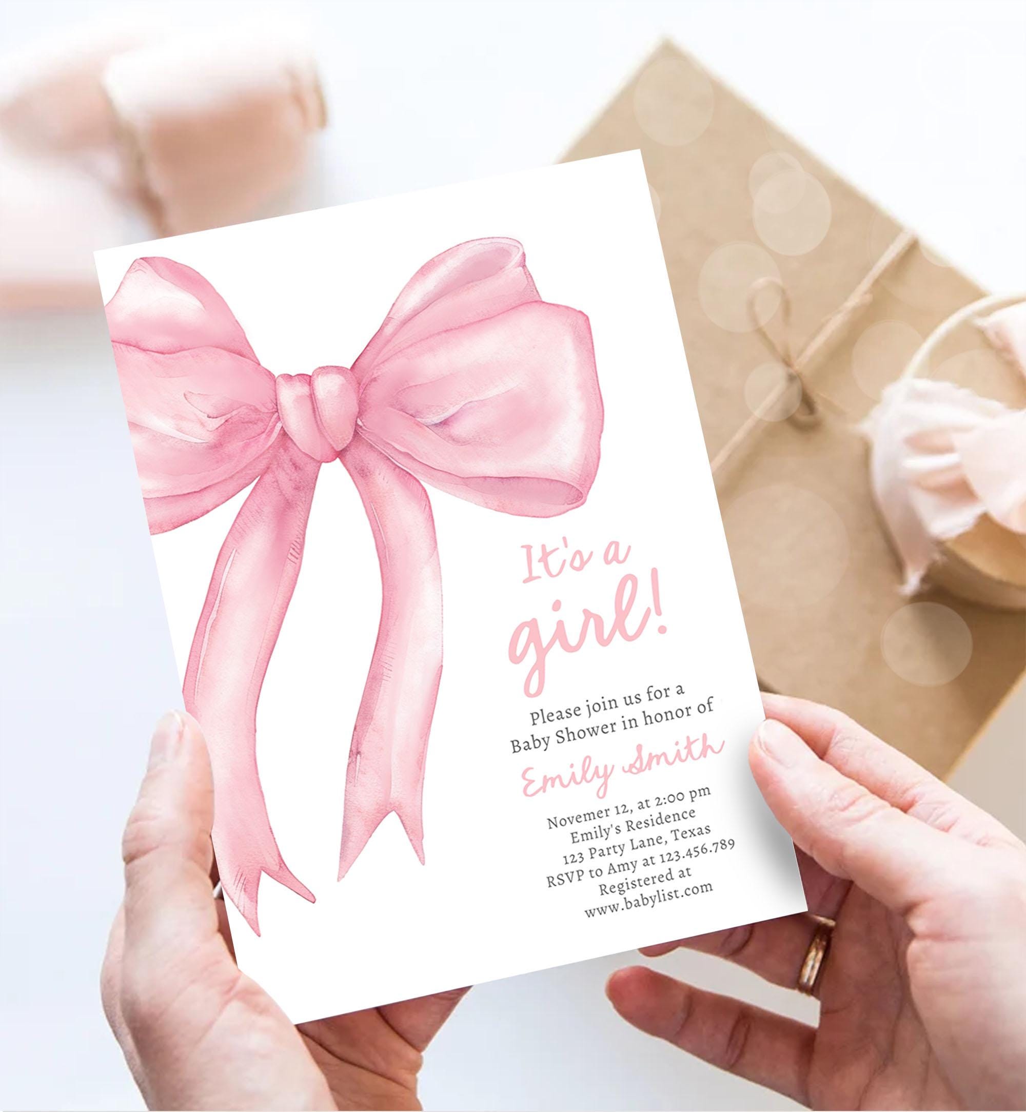Editable Blush Pink Bow Baby Shower Invitation Girl Pink Coquette Baby Shower Invite Preppy Minimalist Template Digital Download Evite 0527