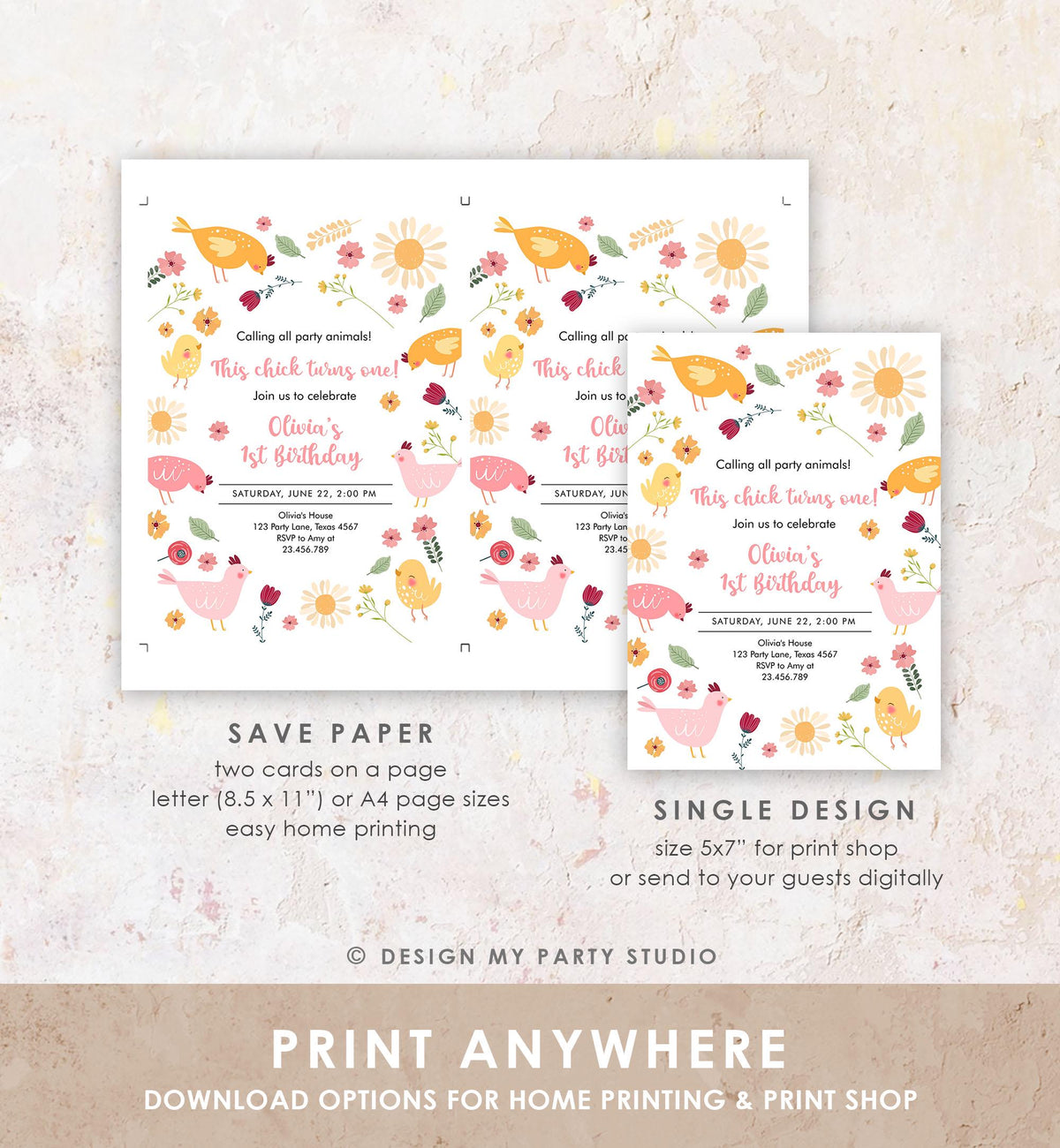 Editable Little Chick Birthday Invitation Girl Spring Birthday Party Farm Barnyard Chicken Easter Digital Download Template Printable 0446