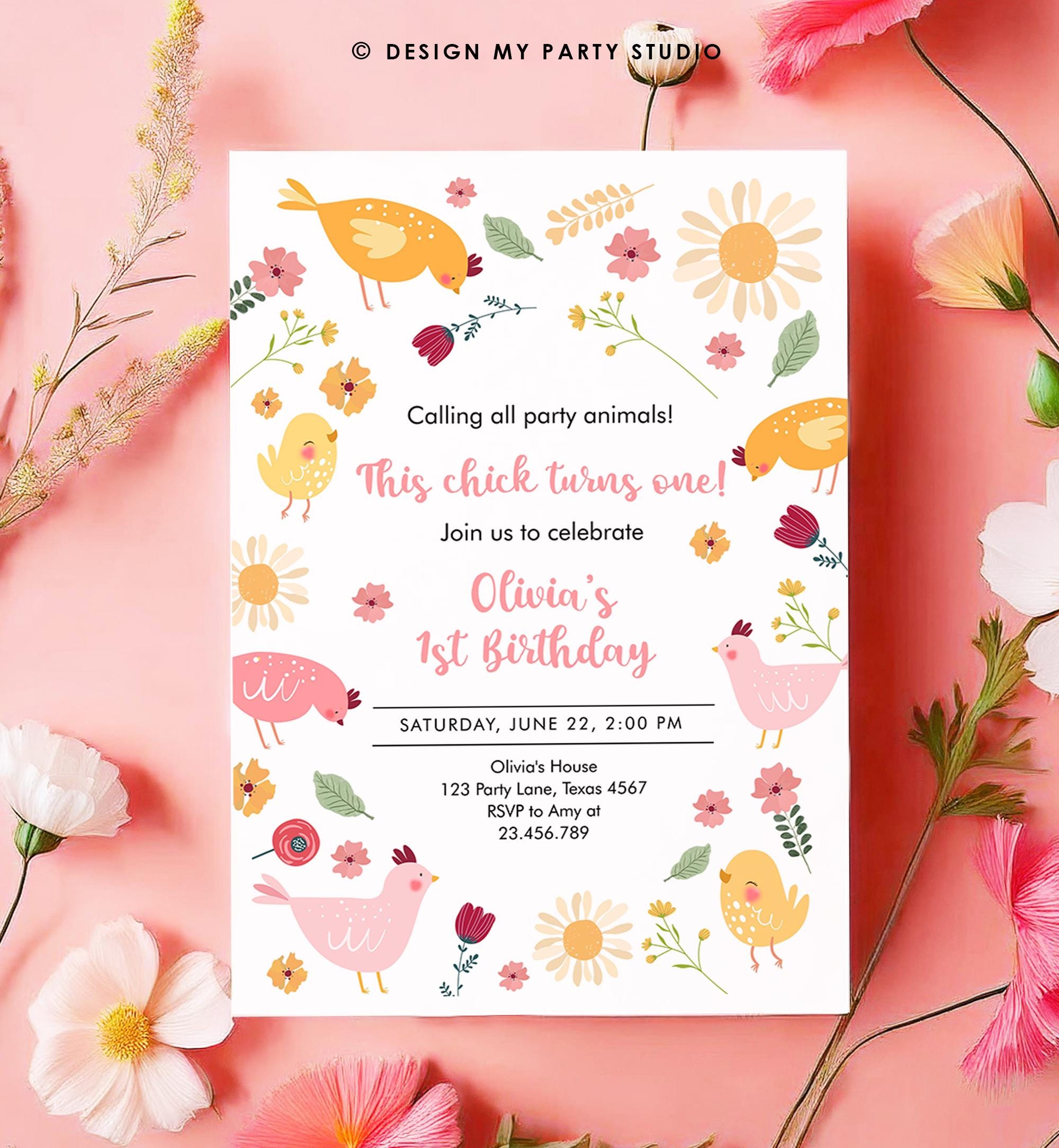 Editable Little Chick Birthday Invitation Girl Spring Birthday Party Farm Barnyard Chicken Easter Digital Download Template Printable 0446