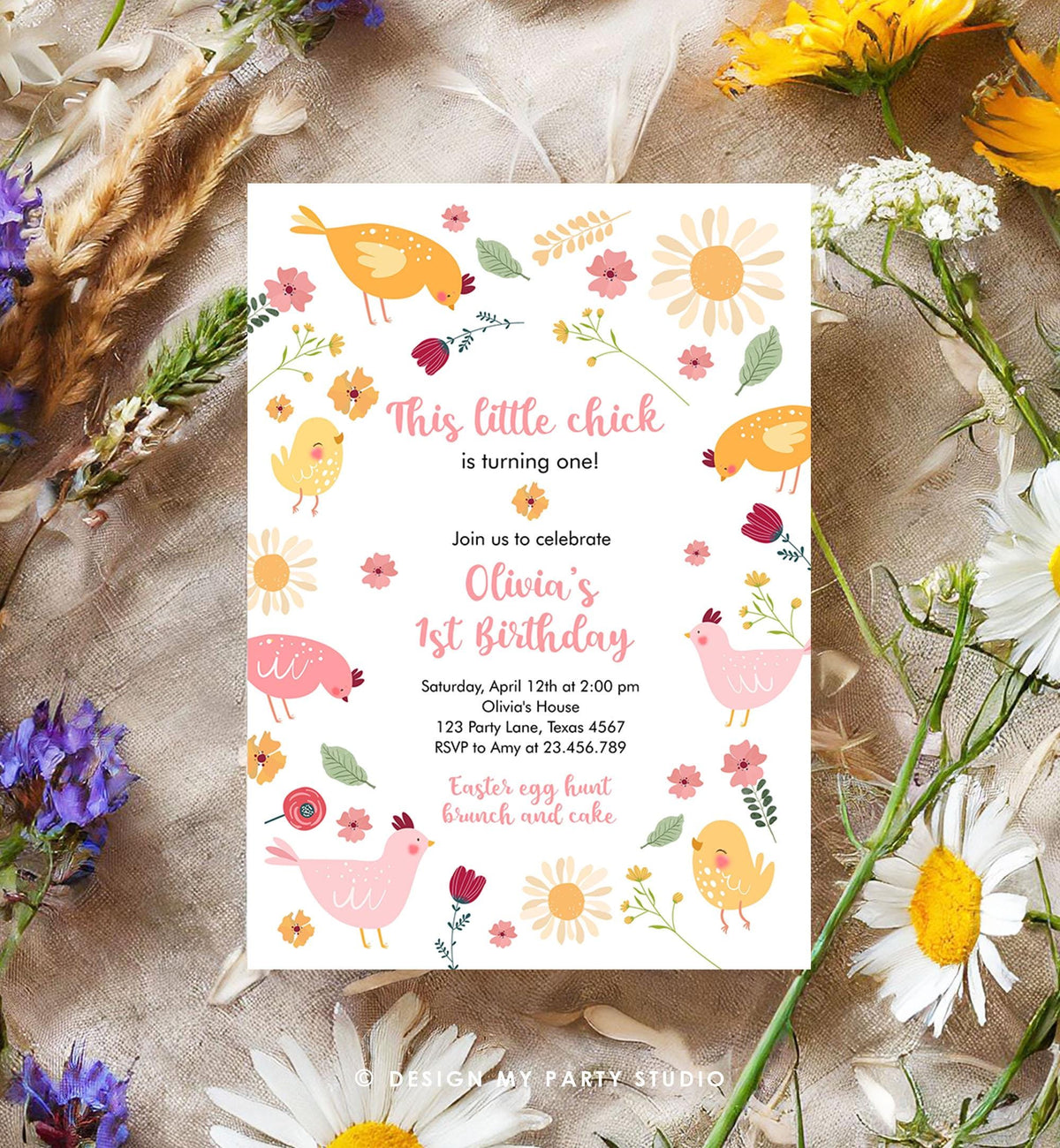 Editable Little Chick Birthday Invitation Girl Spring Birthday Party Farm Barnyard Chicken Easter Digital Download Template Printable 0446