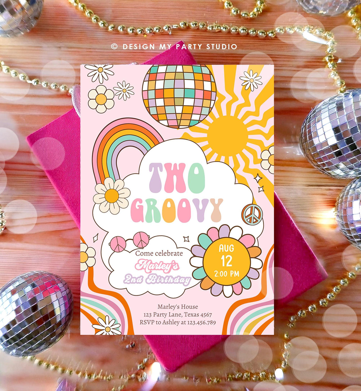 Editable Two Groovy Retro 2nd Birthday Invitation Second Birthday Groovy Babe Peace Love Pink Digital Download Evite Template Printable 0538