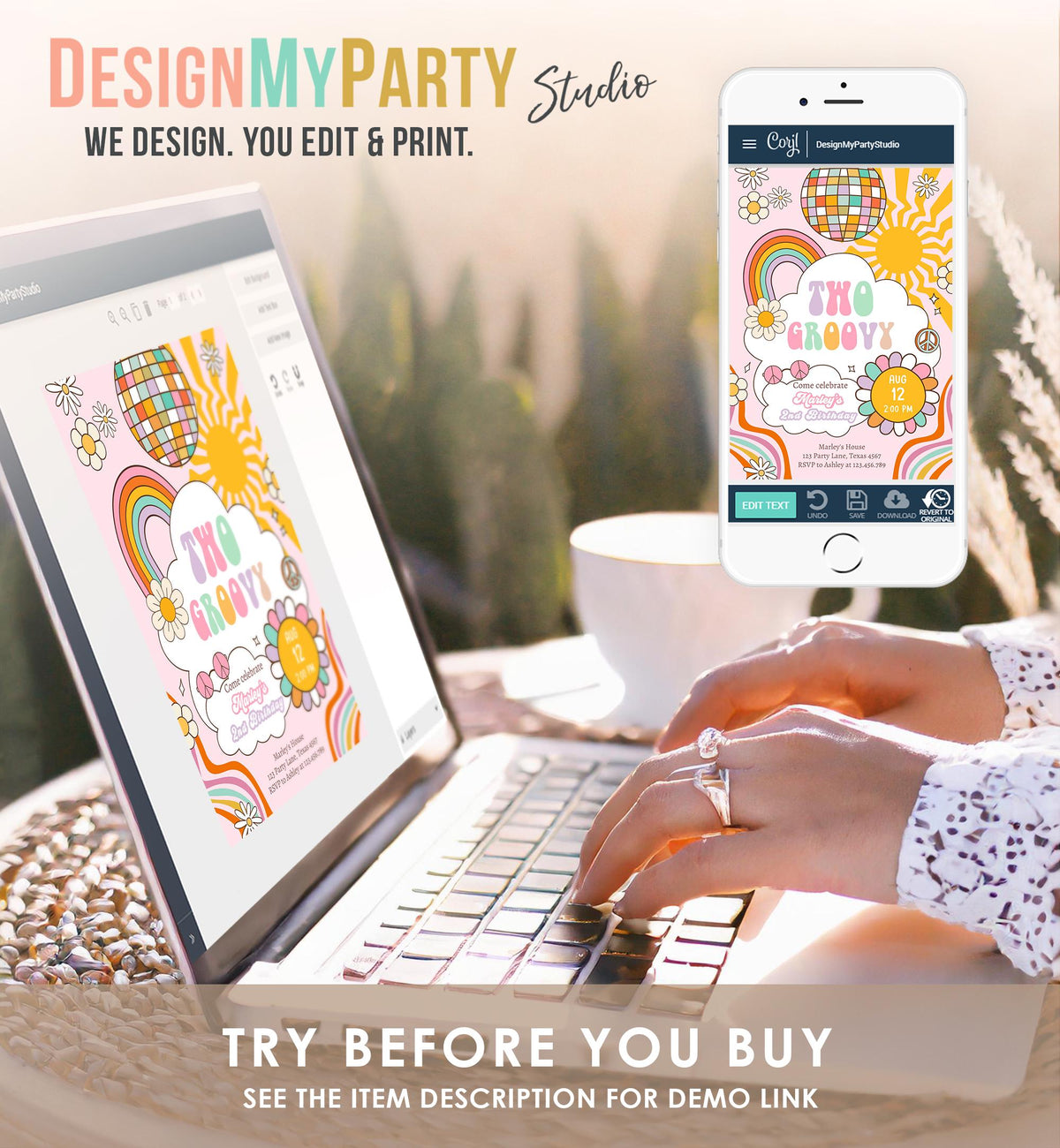 Editable Two Groovy Retro 2nd Birthday Invitation Second Birthday Groovy Babe Peace Love Pink Digital Download Evite Template Printable 0538