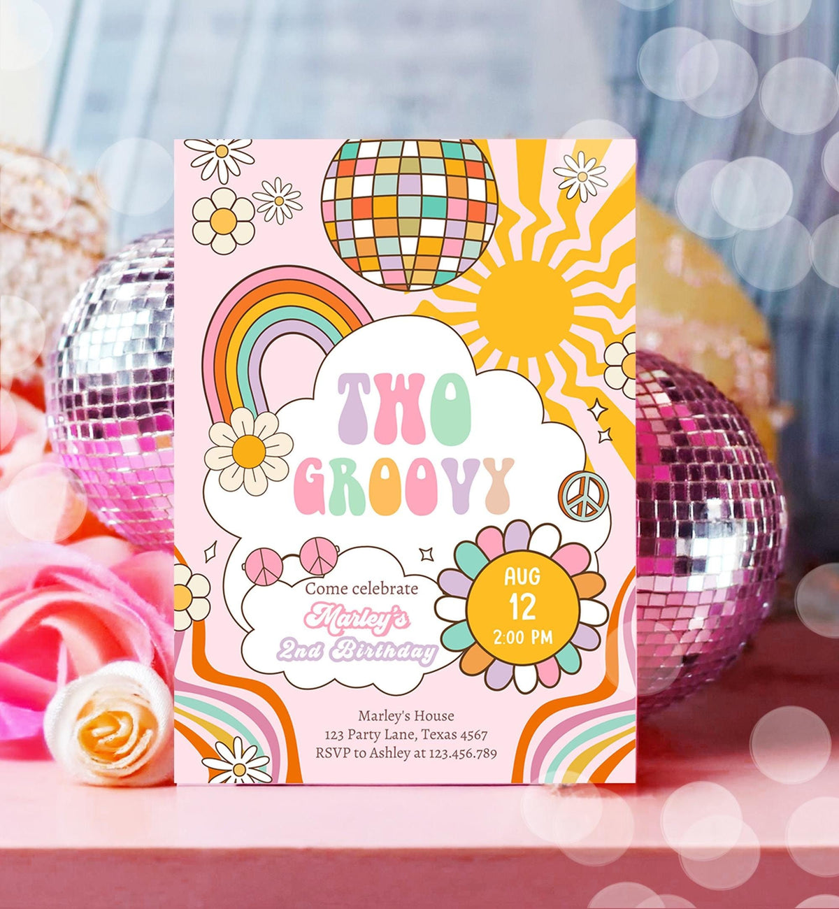 Editable Two Groovy Retro 2nd Birthday Invitation Second Birthday Groovy Babe Peace Love Pink Digital Download Evite Template Printable 0538