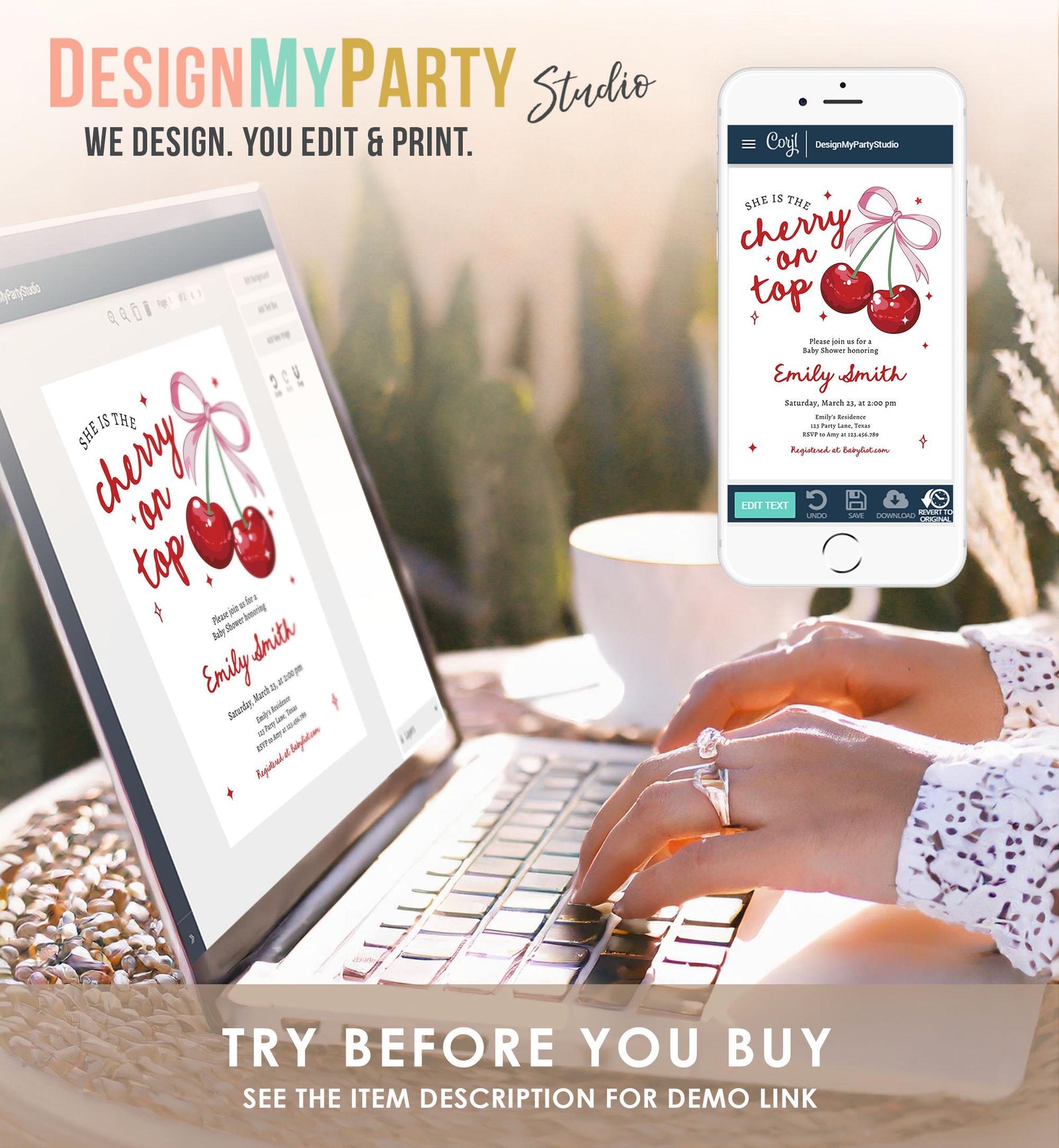 Editable Cherry Baby Shower Invitation She is The Cherry On Top Preppy Coquette Bow Berries Berry Girl Evite Template Digital Download 0539