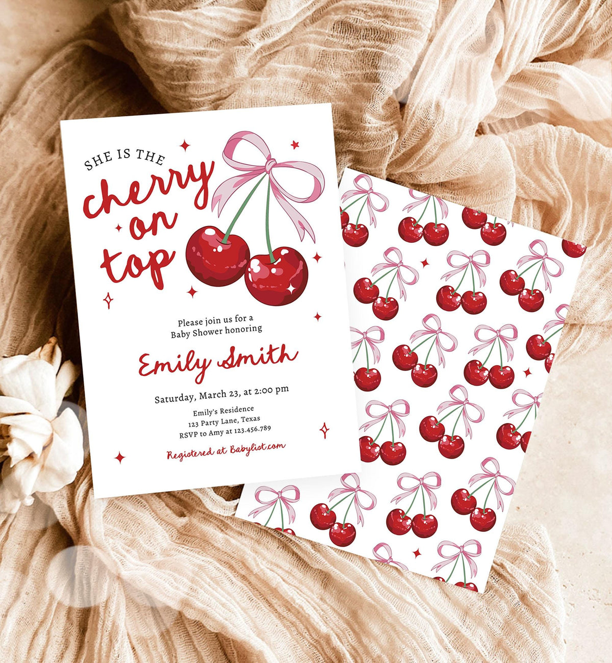 Editable Cherry Baby Shower Invitation She is The Cherry On Top Preppy Coquette Bow Berries Berry Girl Evite Template Digital Download 0539