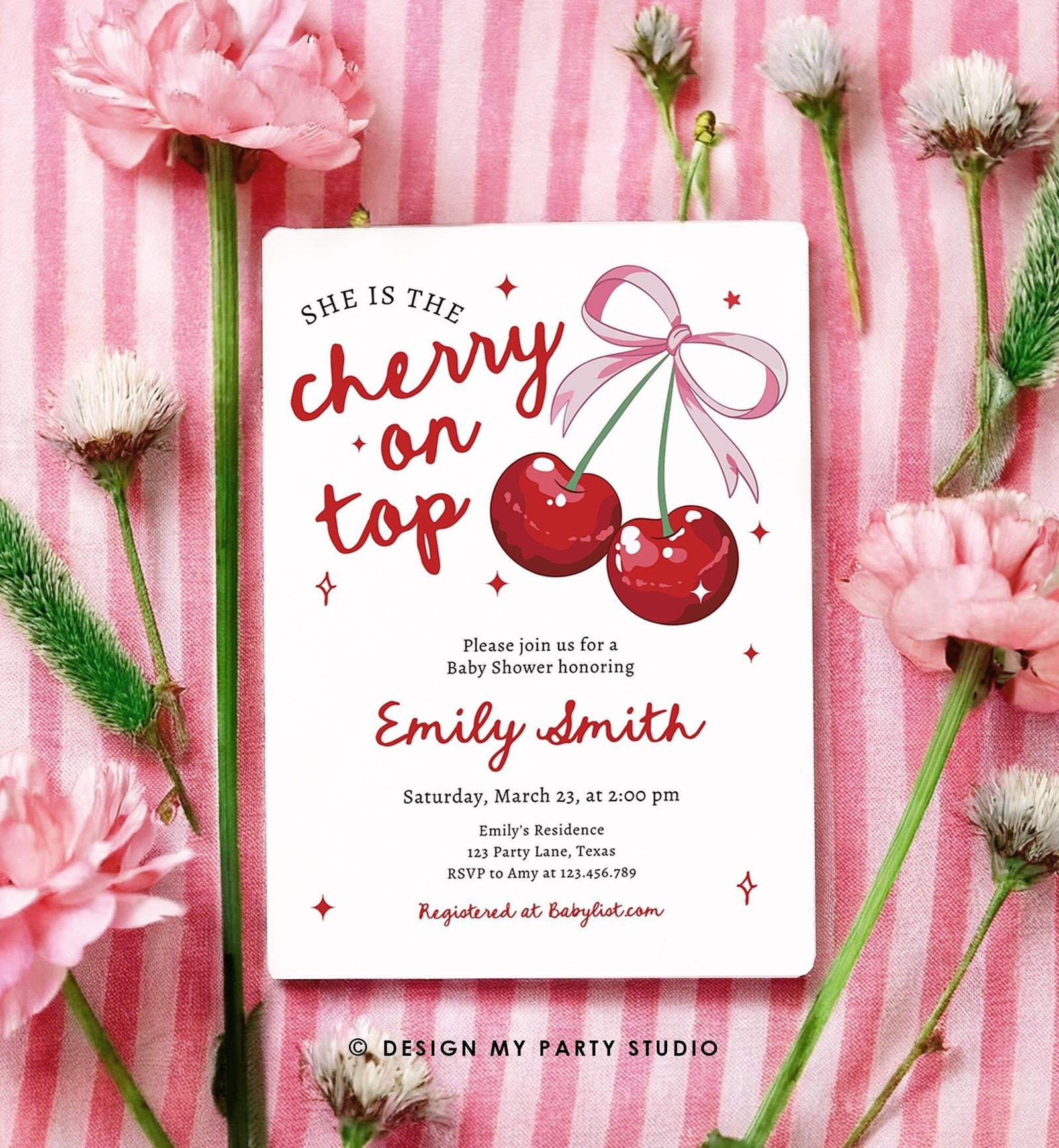 Editable Cherry Baby Shower Invitation She is The Cherry On Top Preppy Coquette Bow Berries Berry Girl Evite Template Digital Download 0539