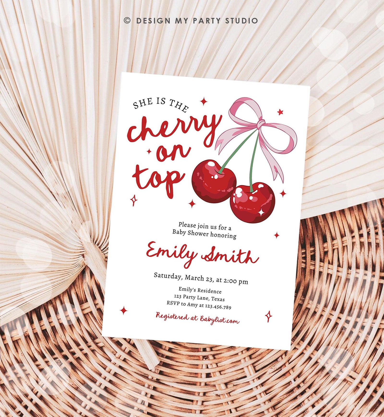 Editable Cherry Baby Shower Invitation She is The Cherry On Top Preppy Coquette Bow Berries Berry Girl Evite Template Digital Download 0539