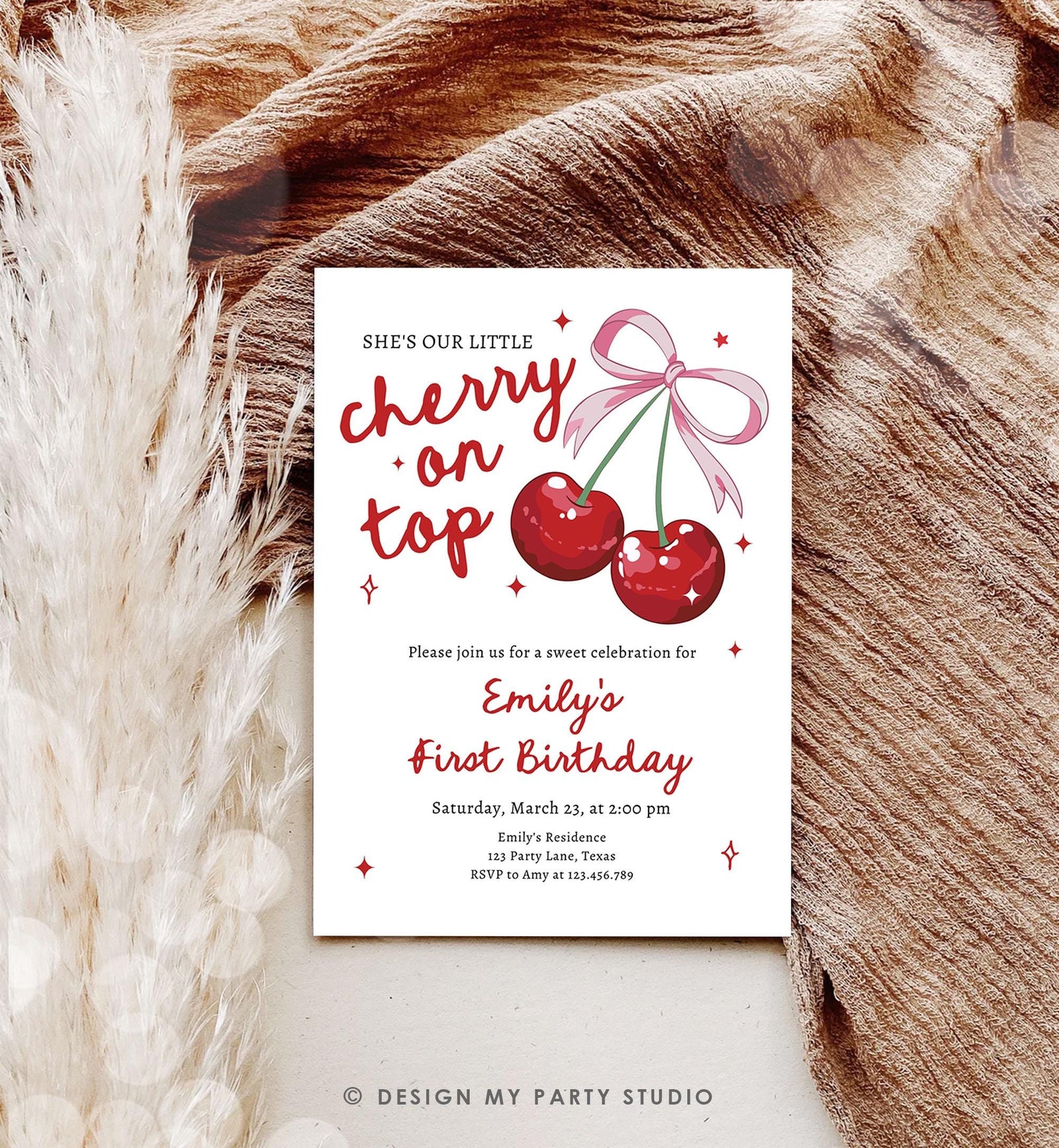 Editable Cherry Birthday Invitation Little Cherry On Top Preppy Coquette Bow Berries Berry Girl Modern Evite Template Digital Download 0539