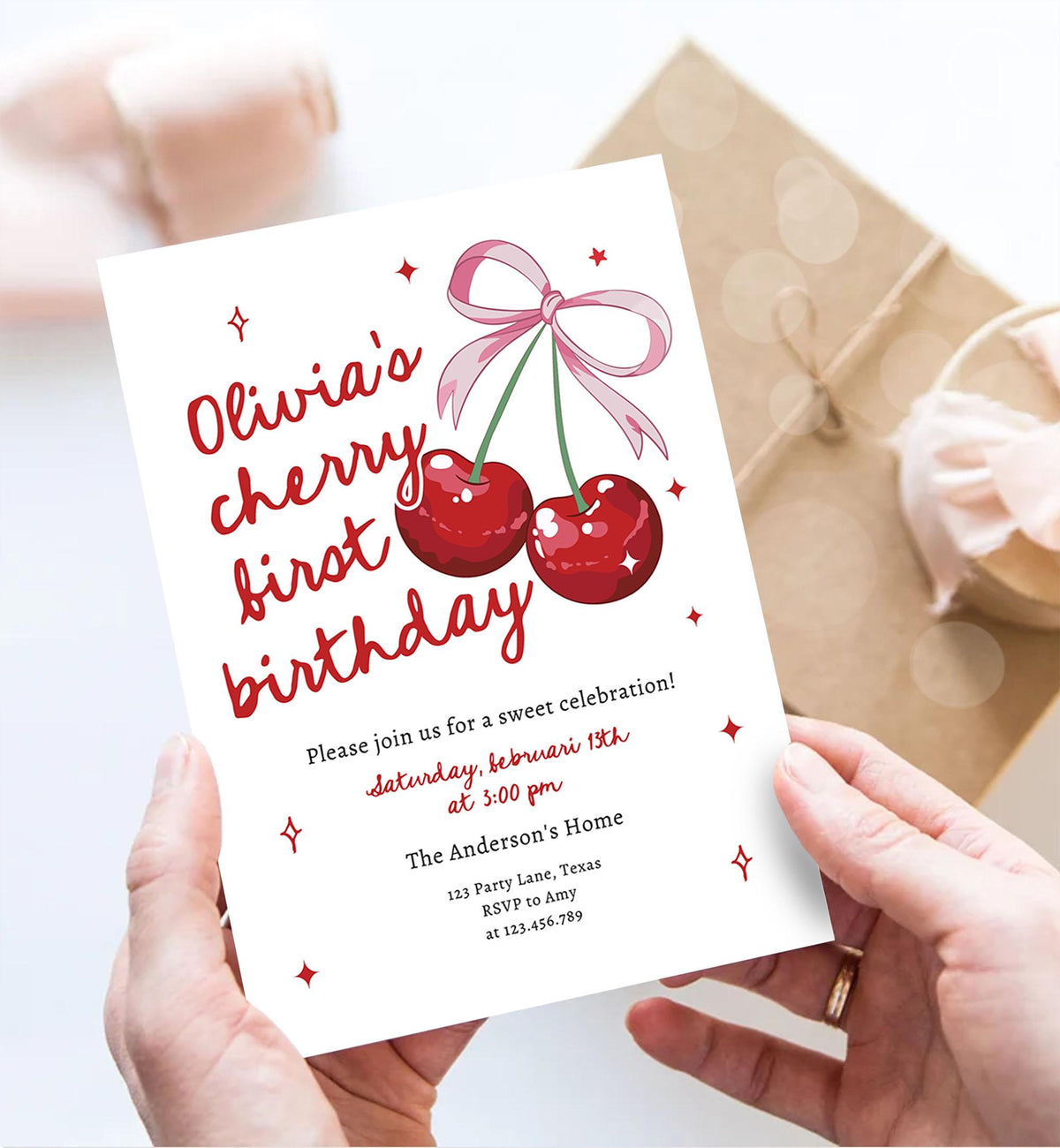 Editable Cherry First Birthday Invitation Little Cherry On Top Preppy Coquette Bow Berries Berry Girl Evite Template Digital Download 0539