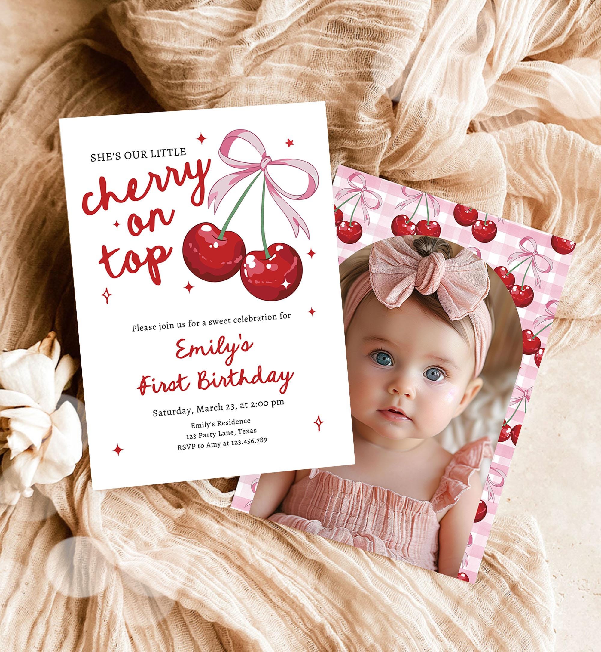 Editable Cherry First Birthday Invitation She is The Cherry On Top Preppy Coquette Bow Berries Berry Evite Template Digital Download 0539