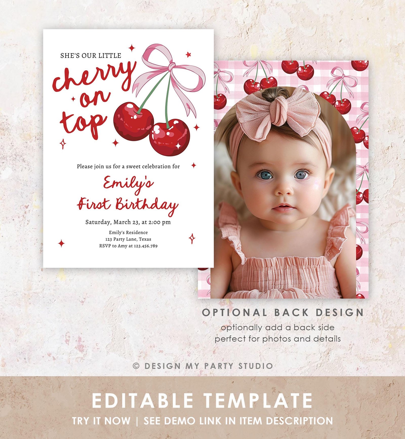 Editable Cherry First Birthday Invitation She is The Cherry On Top Preppy Coquette Bow Berries Berry Evite Template Digital Download 0539