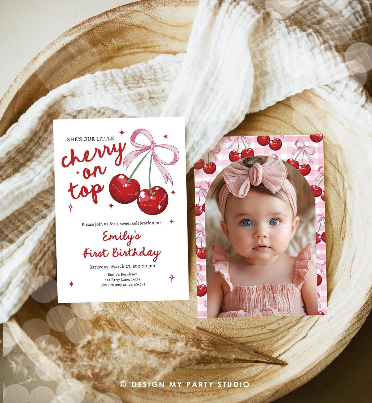 Editable Cherry First Birthday Invitation She is The Cherry On Top Preppy Coquette Bow Berries Berry Evite Template Digital Download 0539