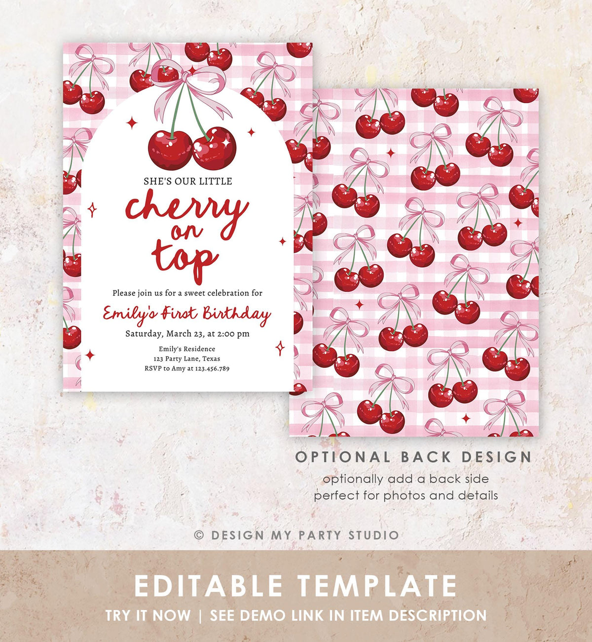 Editable Cherry Birthday Invitation Little Cherry On Top Preppy Coquette Bow Berries Berry Girl Modern Evite Template Digital Download 0539