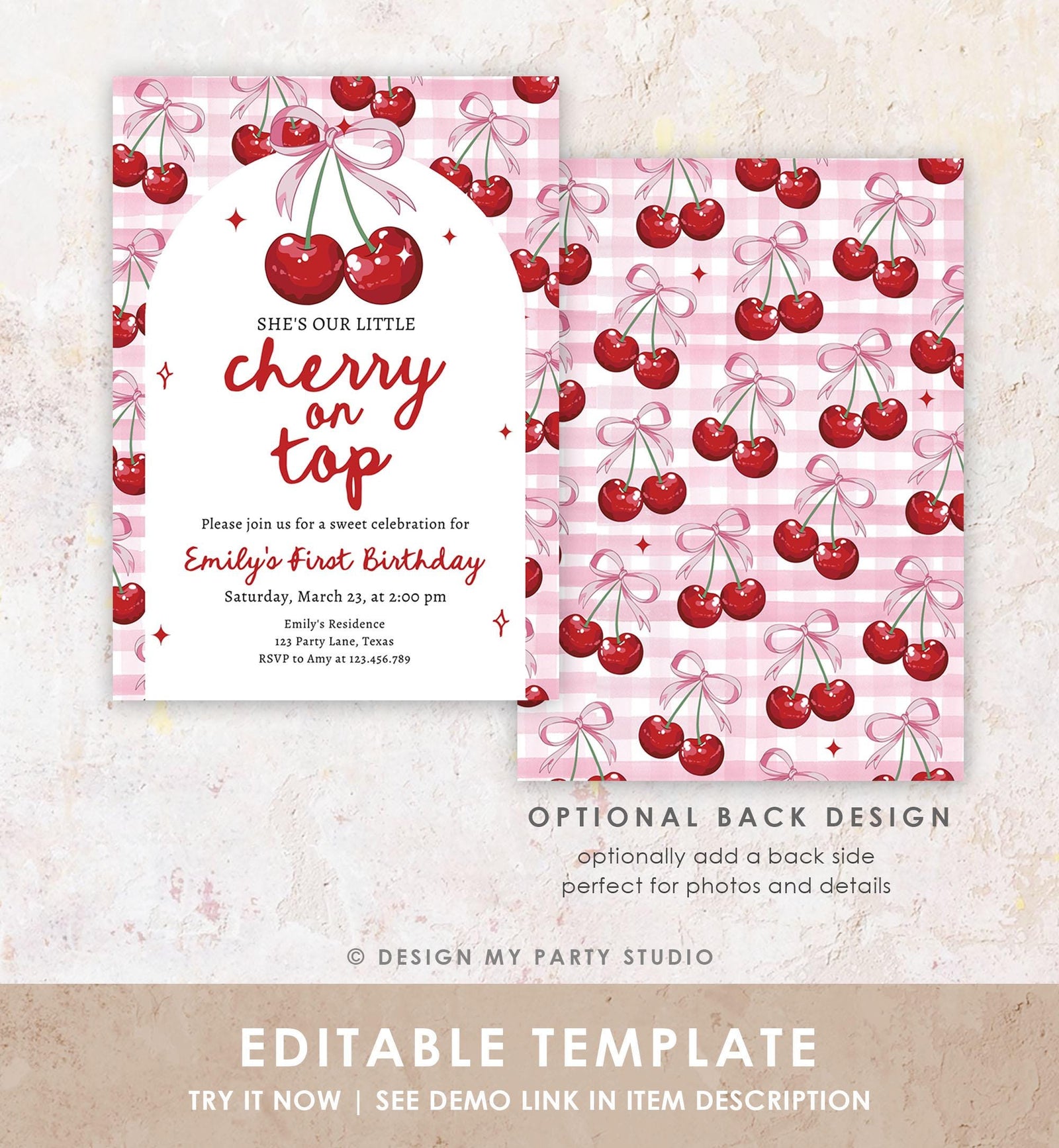 Editable Cherry Birthday Invitation Little Cherry On Top Preppy Coquette Bow Berries Berry Girl Modern Evite Template Digital Download 0539