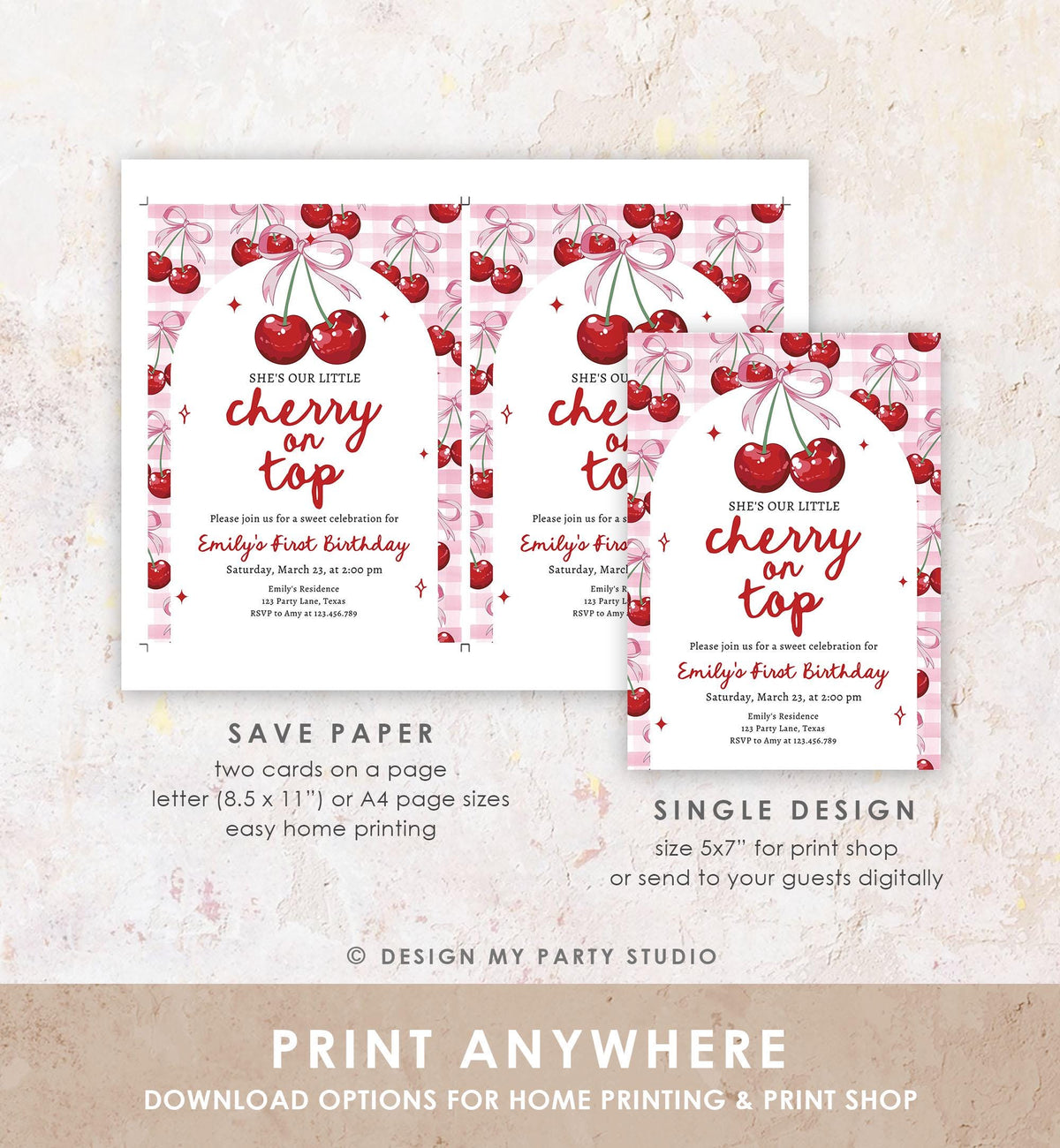 Editable Cherry Birthday Invitation Little Cherry On Top Preppy Coquette Bow Berries Berry Girl Modern Evite Template Digital Download 0539