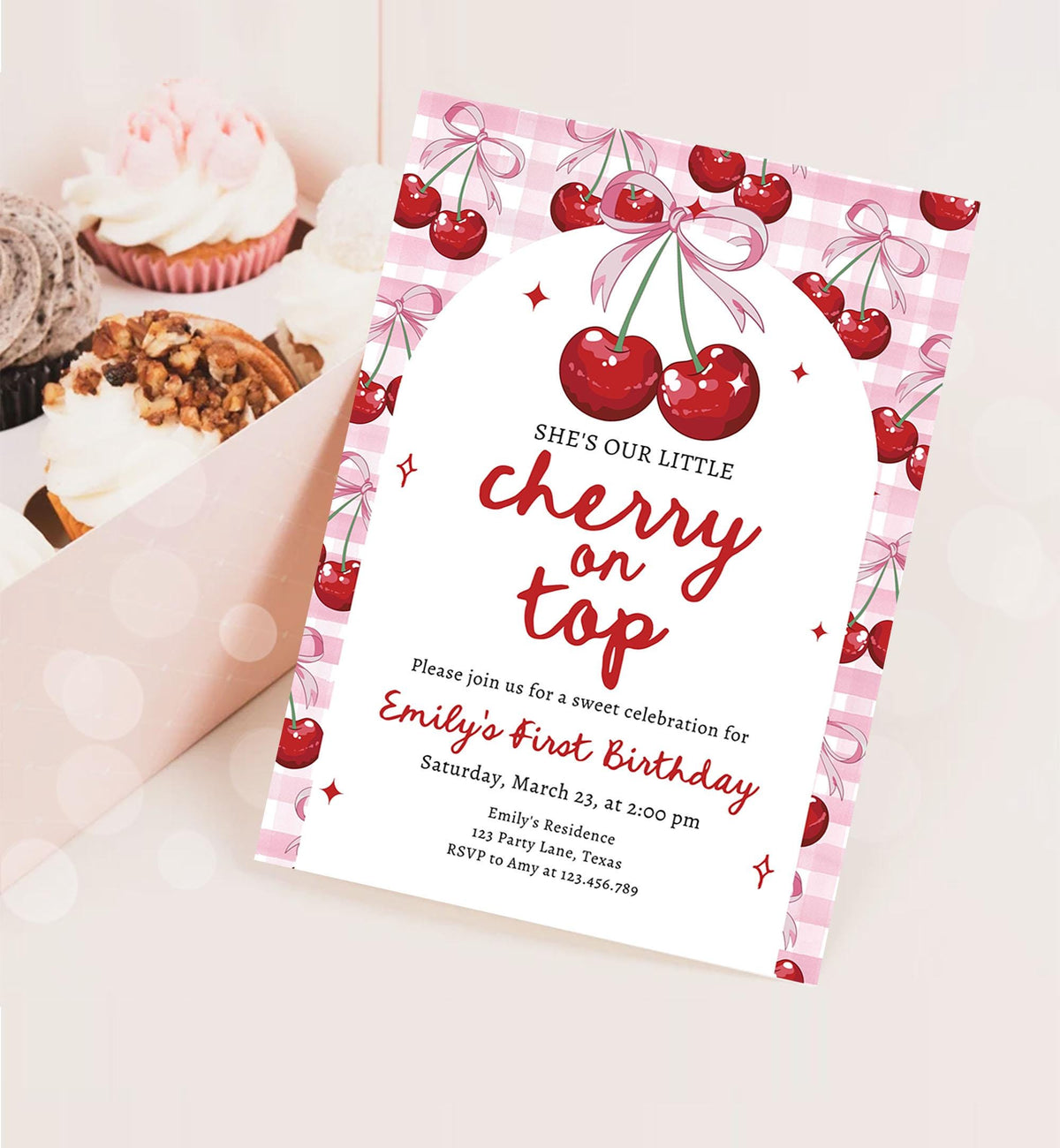 Editable Cherry Birthday Invitation Little Cherry On Top Preppy Coquette Bow Berries Berry Girl Modern Evite Template Digital Download 0539