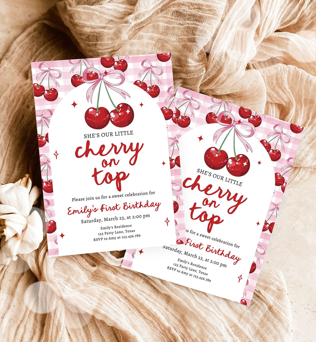 Editable Cherry Birthday Invitation Little Cherry On Top Preppy Coquette Bow Berries Berry Girl Modern Evite Template Digital Download 0539