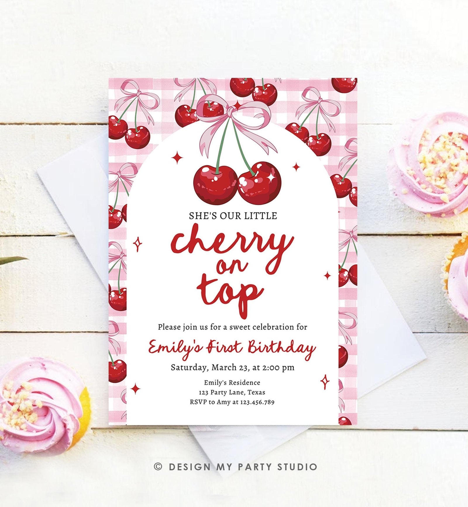 Editable Cherry Birthday Invitation Little Cherry On Top Preppy Coquette Bow Berries Berry Girl Modern Evite Template Digital Download 0539