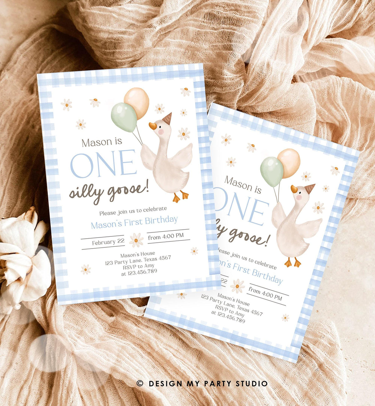 Editable Silly Goose Birthday Invitation Boy Spring Birthday Party Farm Goose 1st Birthday Blue Digital Download Template Printable 0540