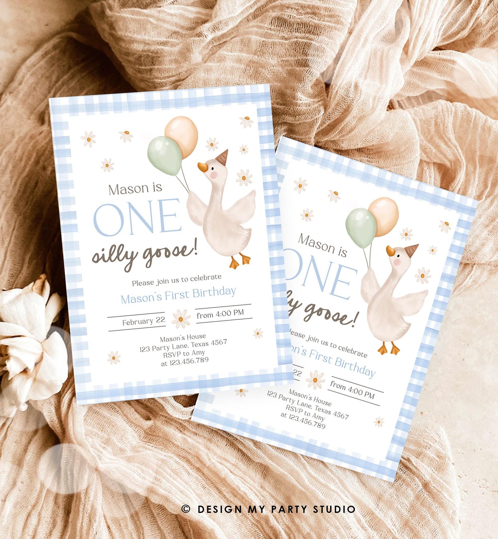 Editable Silly Goose Birthday Invitation Boy Spring Birthday Party Farm Goose 1st Birthday Blue Digital Download Template Printable 0540