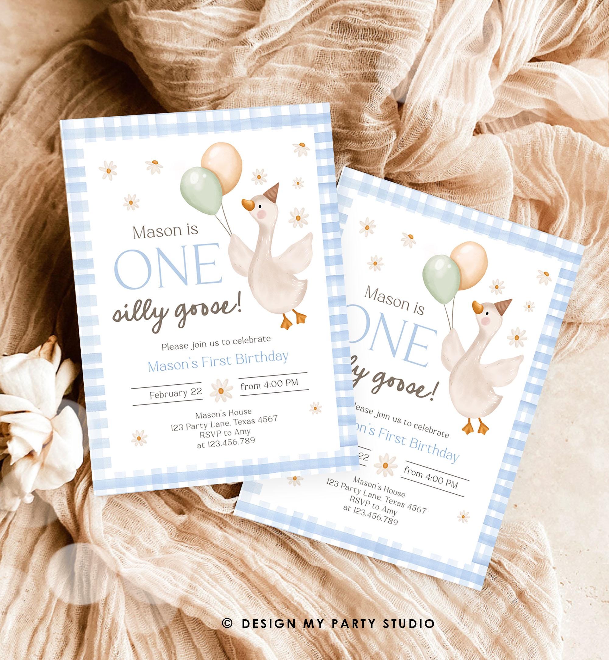 Editable Silly Goose Birthday Invitation Boy Spring Birthday Party Farm Goose 1st Birthday Blue Digital Download Template Printable 0540