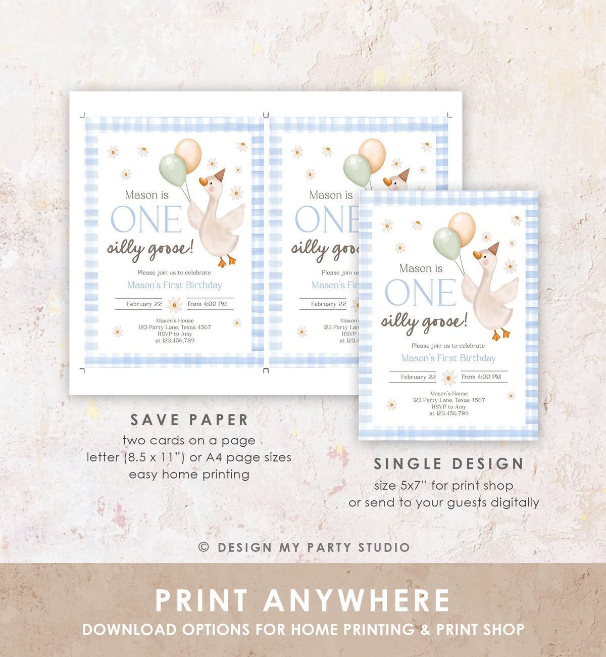 Editable Silly Goose Birthday Invitation Boy Spring Birthday Party Farm Goose 1st Birthday Blue Digital Download Template Printable 0540