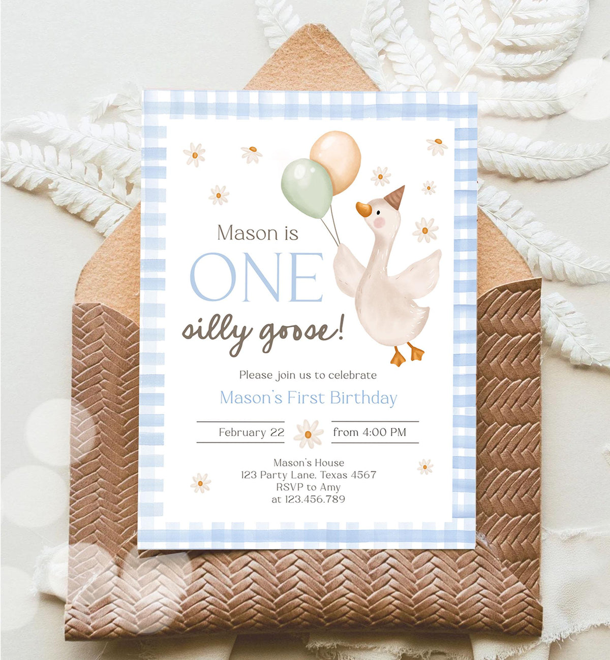 Editable Silly Goose Birthday Invitation Boy Spring Birthday Party Farm Goose 1st Birthday Blue Digital Download Template Printable 0540