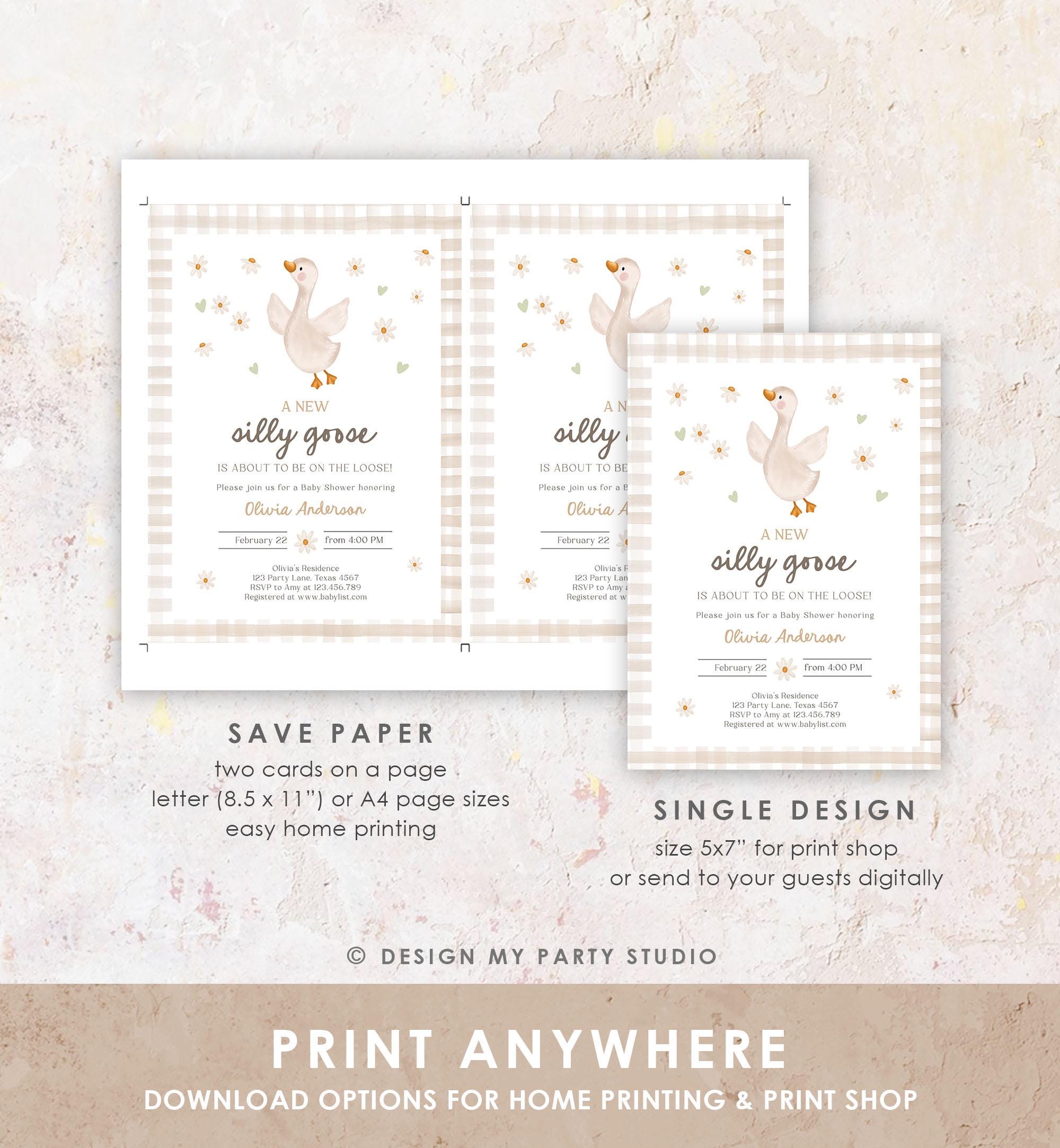 Editable Silly Goose Baby Shower Invitation Neutral Spring Shower Party Farm Daisy Gingham Boy Girl Digital Download Template Printable 0540