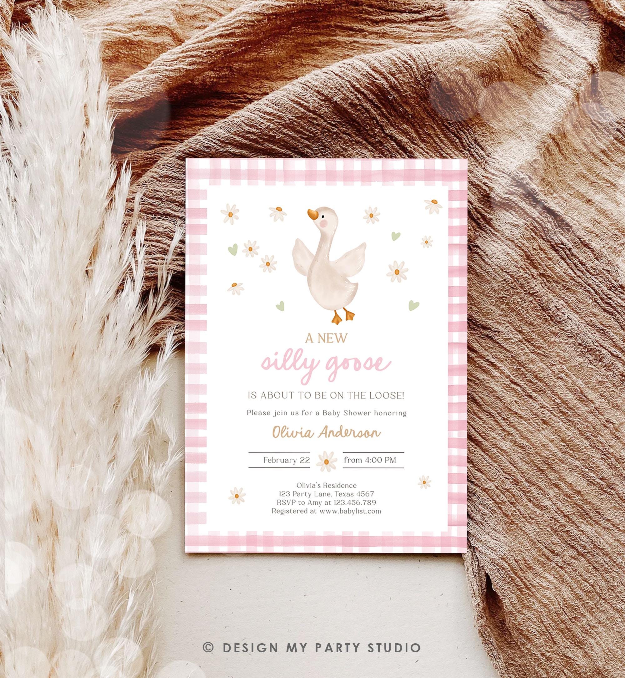 Editable Silly Goose Baby Shower Invitation Girl Spring Shower Party Farm Geese Daisy Gingham Pink Digital Download Template Printable 0540