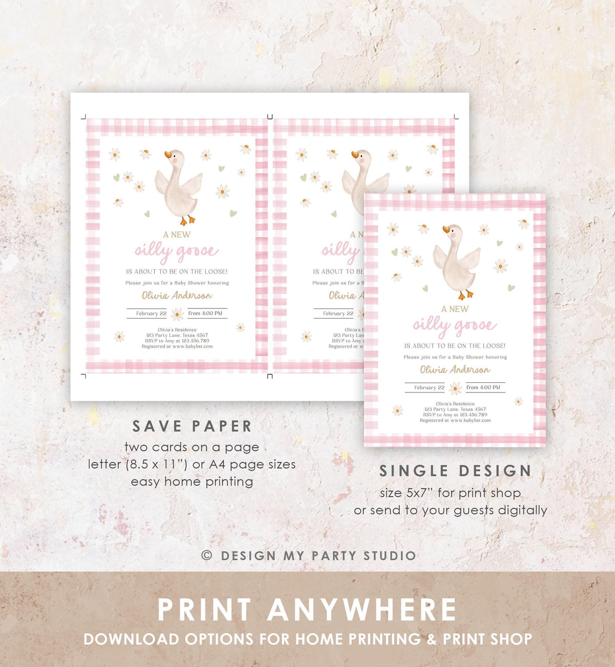 Editable Silly Goose Baby Shower Invitation Girl Spring Shower Party Farm Geese Daisy Gingham Pink Digital Download Template Printable 0540