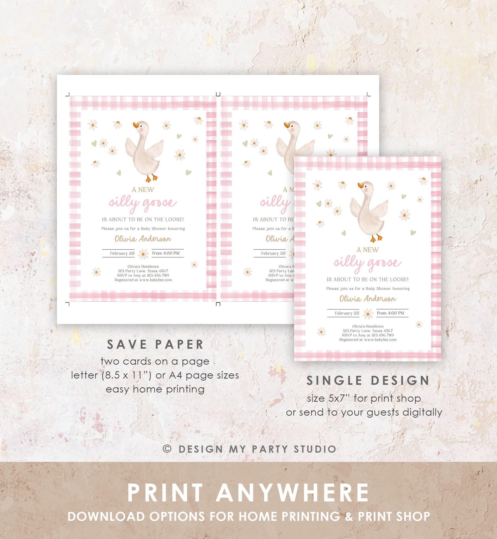Editable Silly Goose Baby Shower Invitation Girl Spring Shower Party Farm Geese Daisy Gingham Pink Digital Download Template Printable 0540