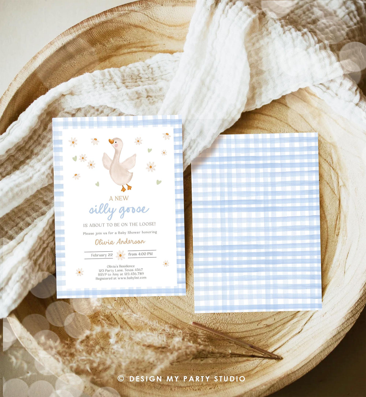 Editable Silly Goose Baby Shower Invitation Boy Spring Shower Party Farm Geese Daisy Gingham Blue Digital Download Template Printable 0540