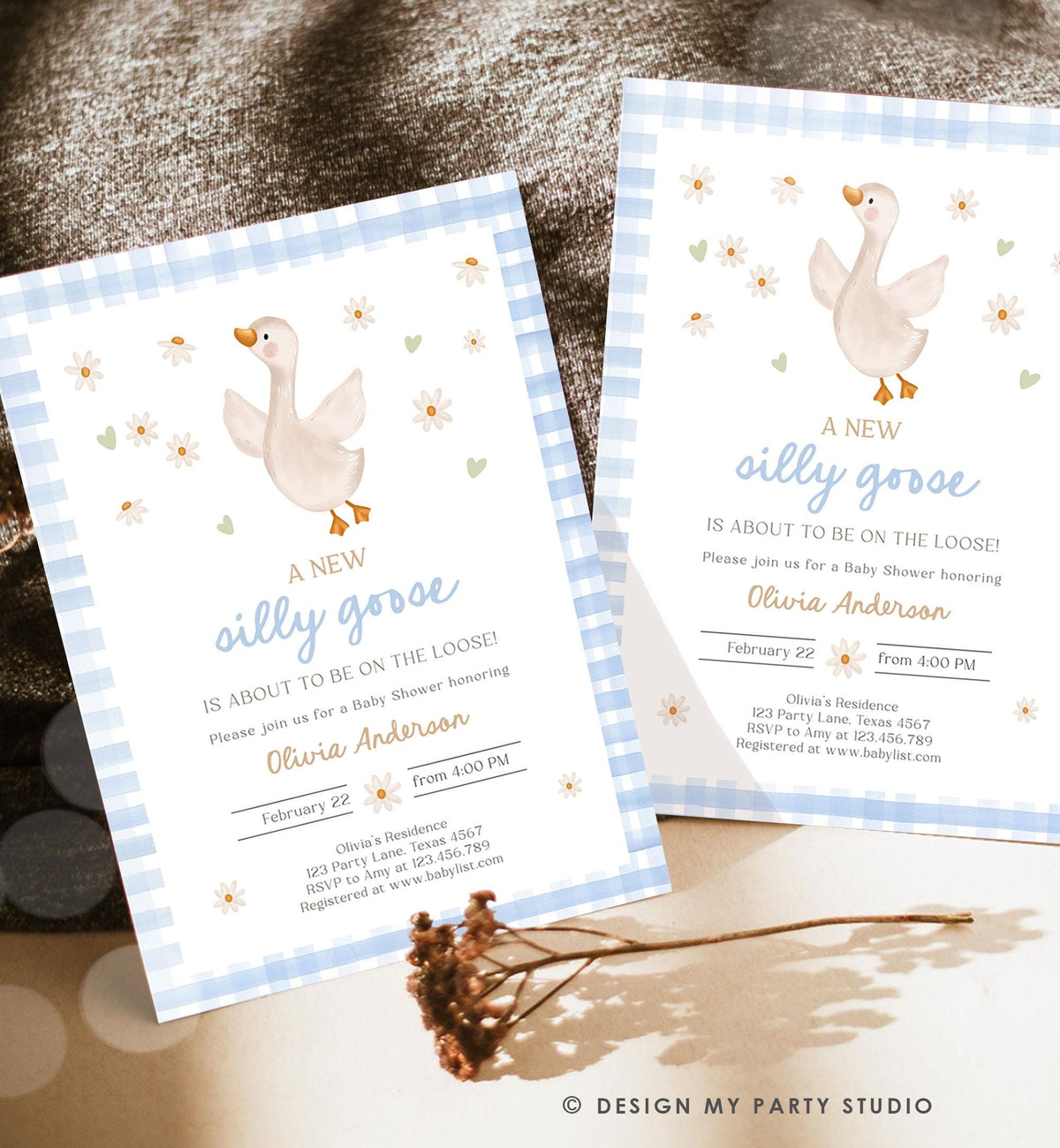 Editable Silly Goose Baby Shower Invitation Boy Spring Shower Party Farm Geese Daisy Gingham Blue Digital Download Template Printable 0540