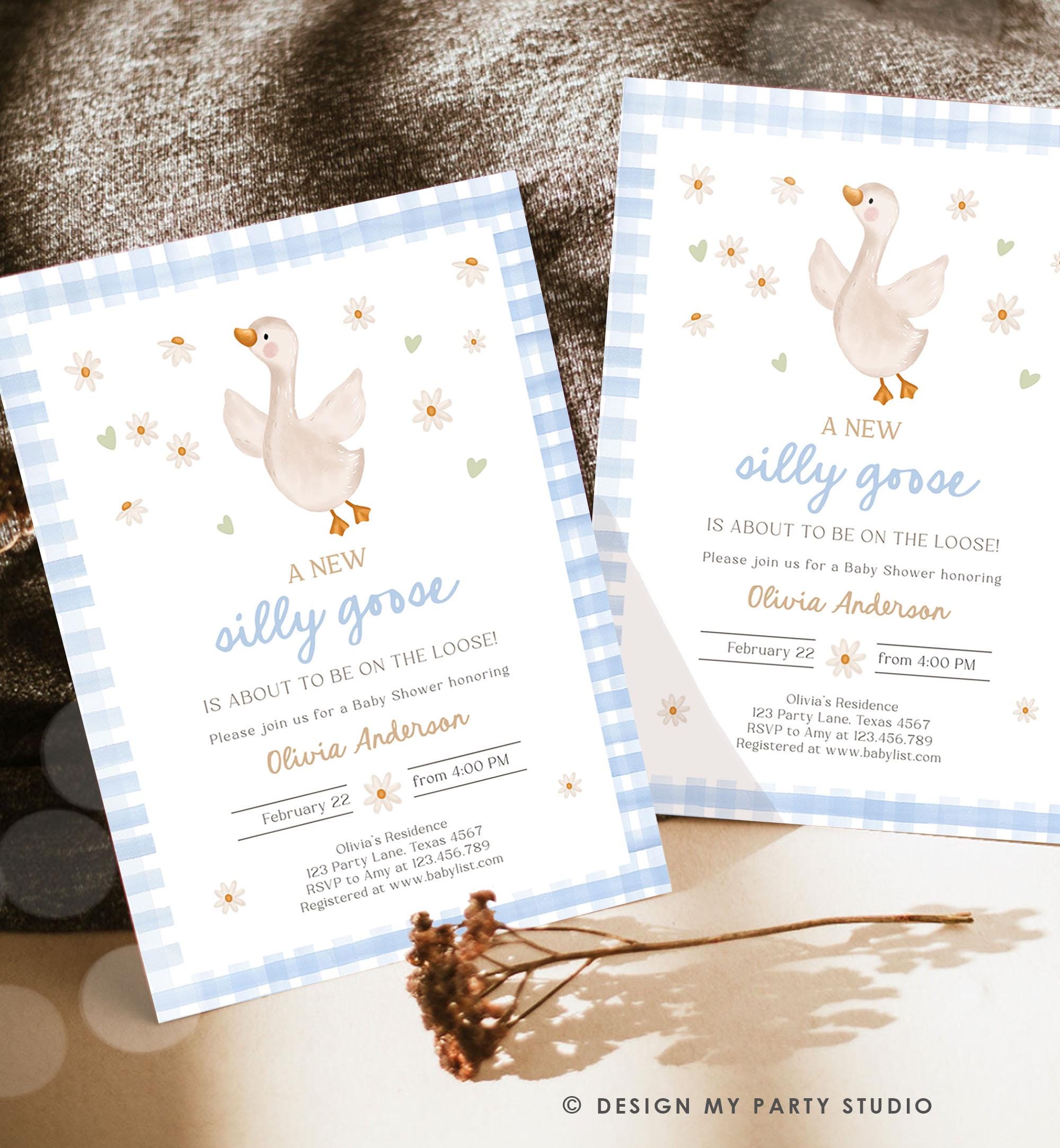 Editable Silly Goose Baby Shower Invitation Boy Spring Shower Party Farm Geese Daisy Gingham Blue Digital Download Template Printable 0540