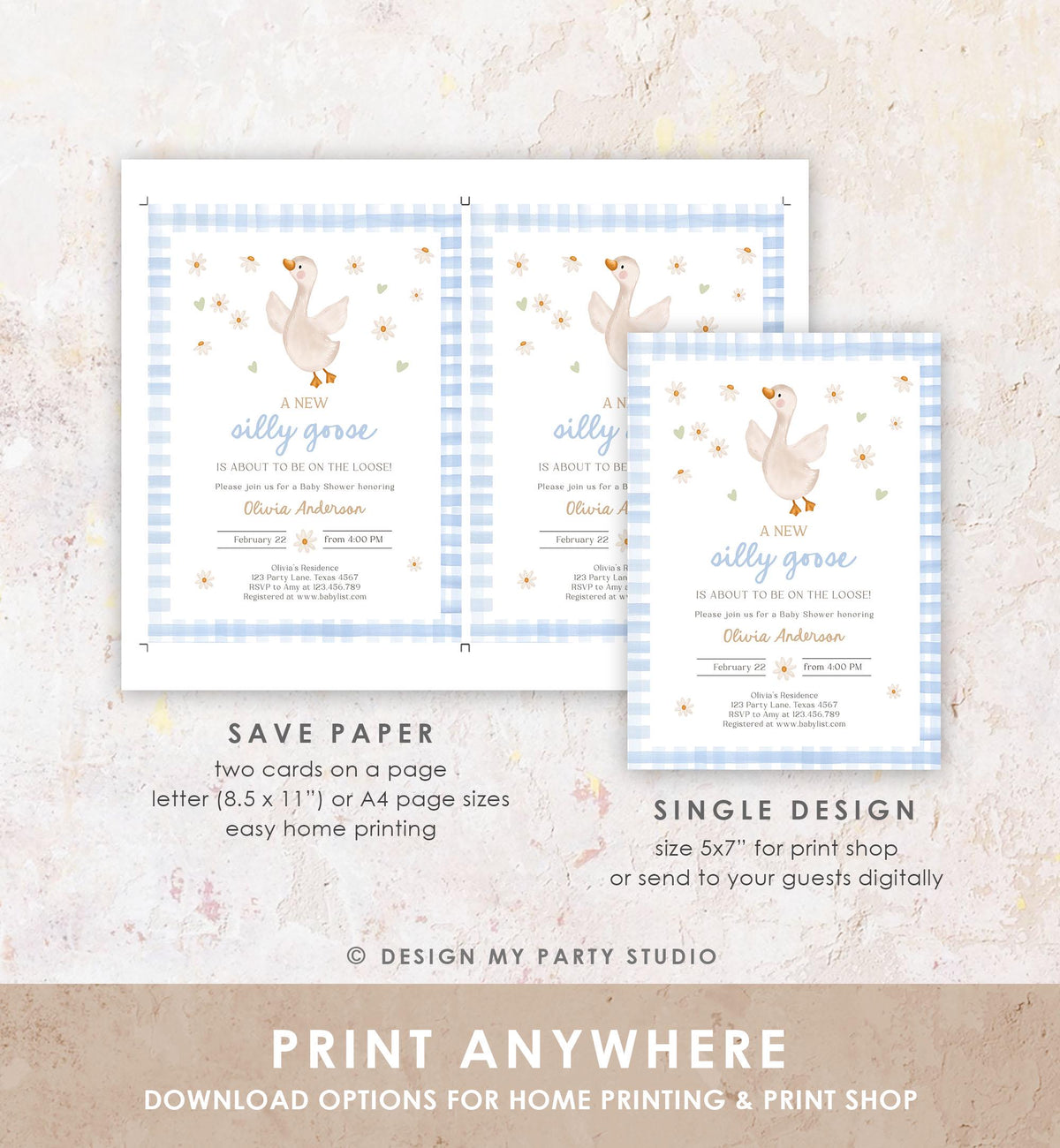 Editable Silly Goose Baby Shower Invitation Boy Spring Shower Party Farm Geese Daisy Gingham Blue Digital Download Template Printable 0540
