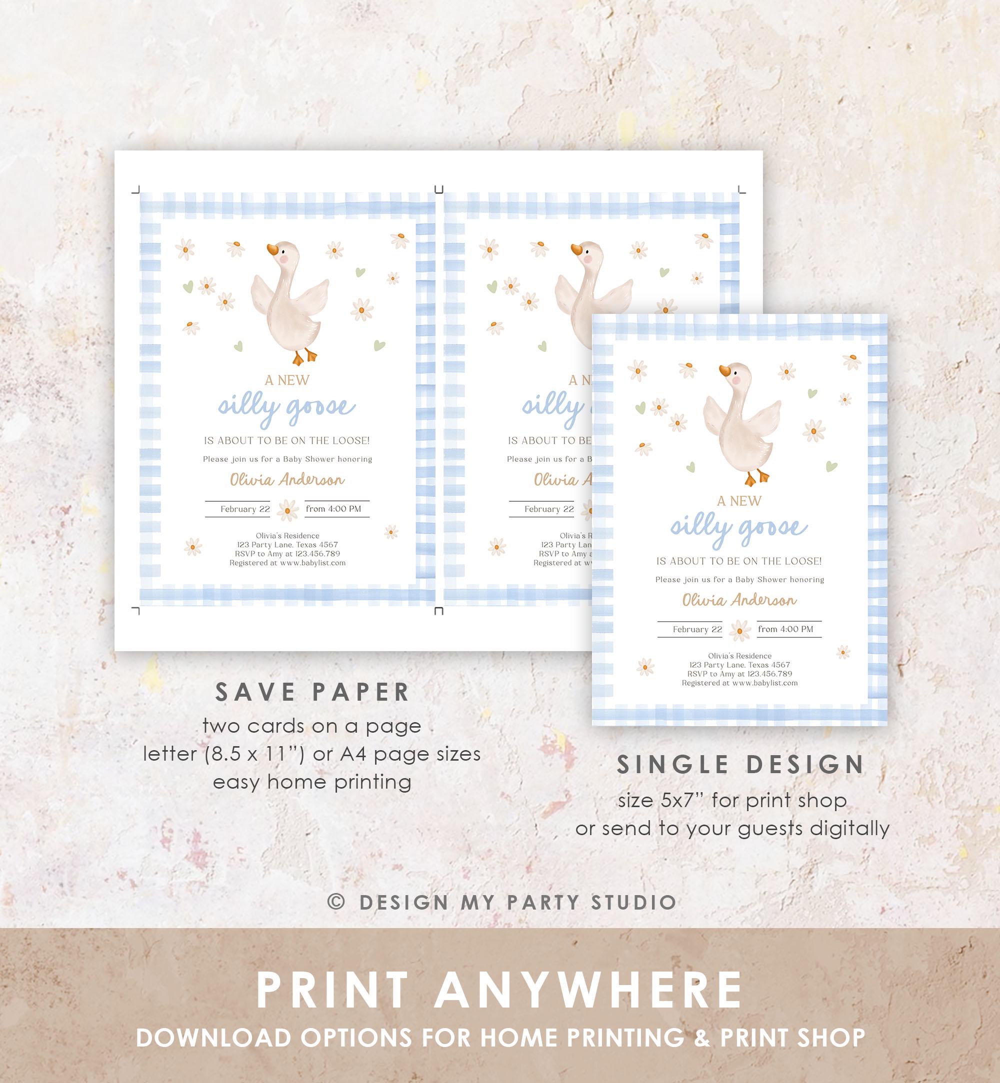Editable Silly Goose Baby Shower Invitation Boy Spring Shower Party Farm Geese Daisy Gingham Blue Digital Download Template Printable 0540