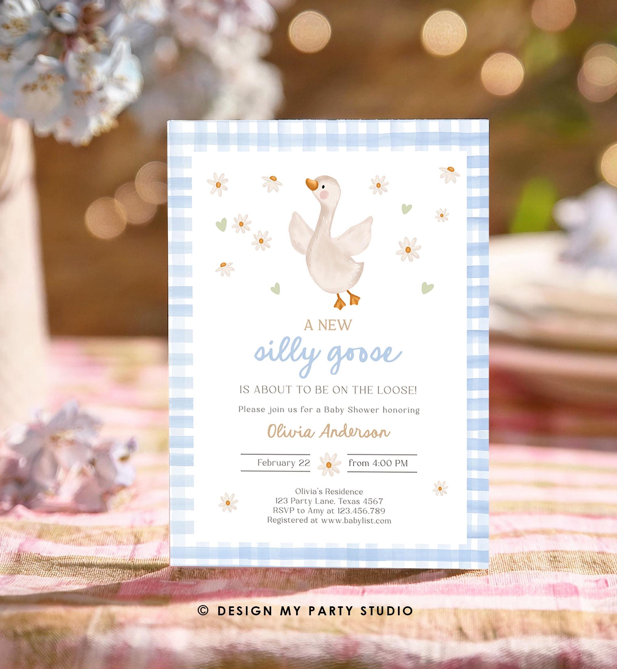 Editable Silly Goose Baby Shower Invitation Boy Spring Shower Party Farm Geese Daisy Gingham Blue Digital Download Template Printable 0540