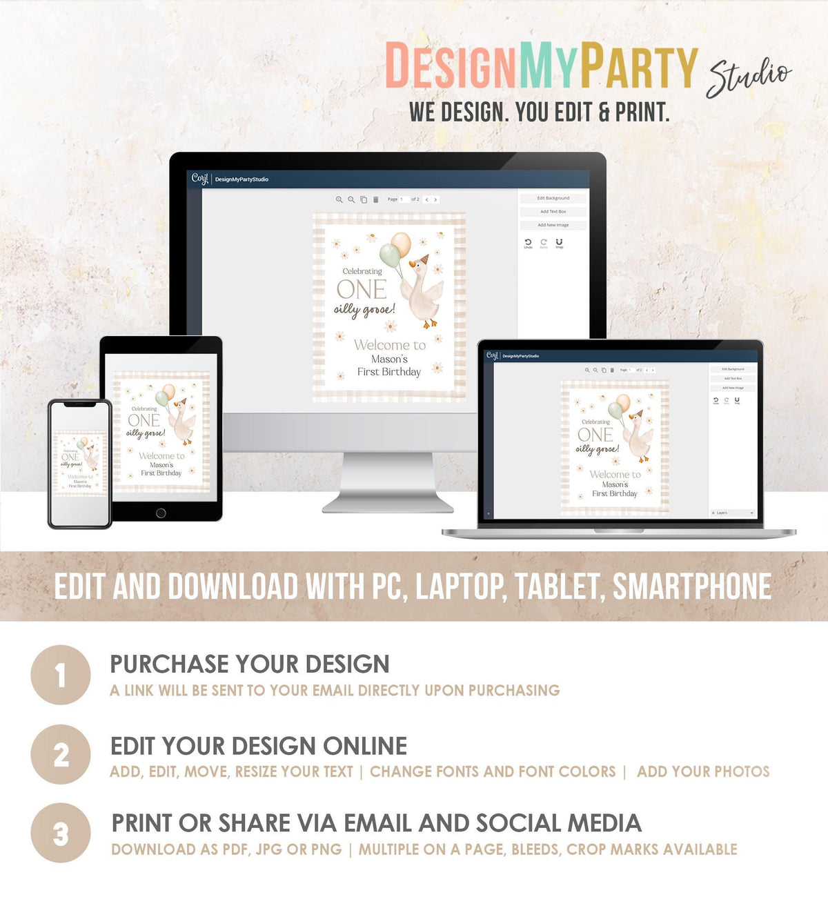 Editable One Silly Goose Birthday Welcome Sign Gender Neutral Goose Birthday Decor 1st First Welcome Poster Editable Template Printable 0540