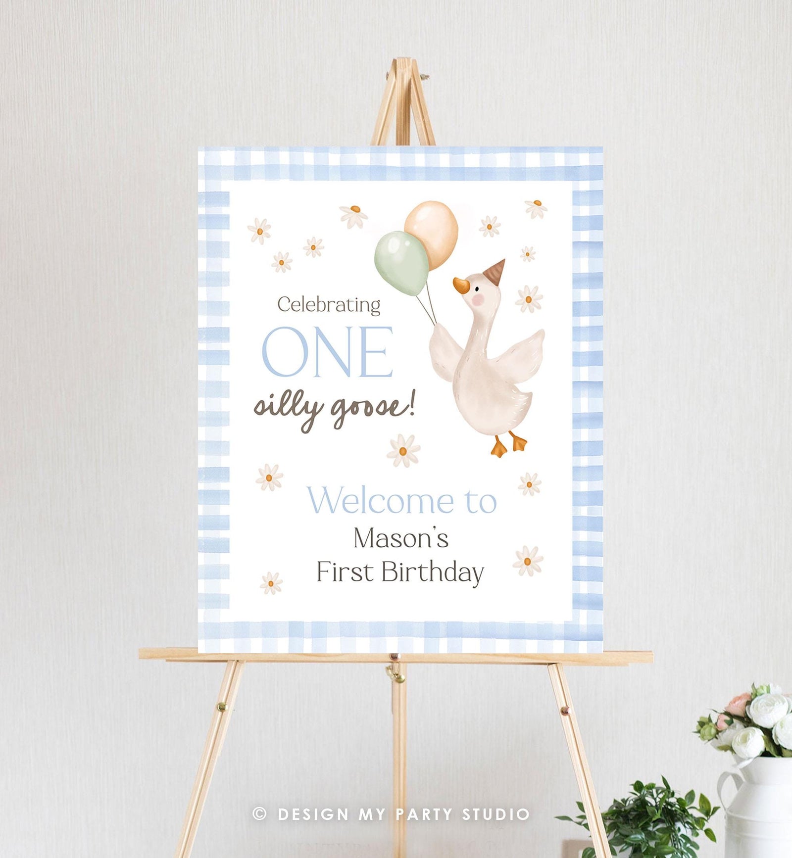 Editable One Silly Goose Birthday Welcome Sign Blue Boy Goose Birthday Decor 1st First Welcome Poster Editable Template Printable 0540
