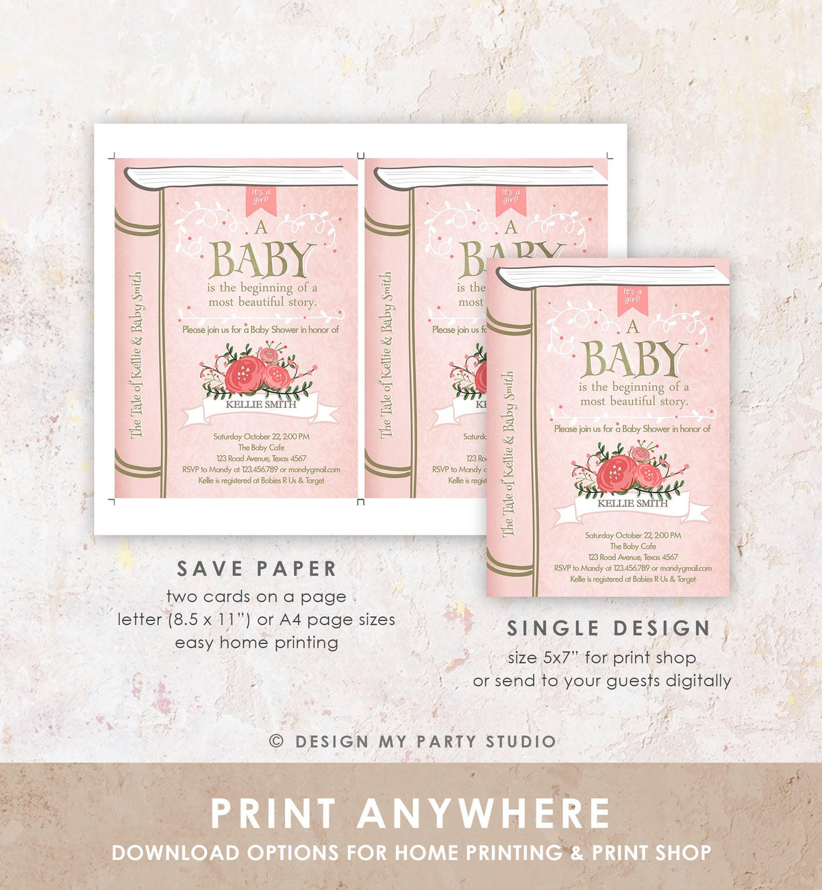 Editable Vintage Storybook Baby Shower Invitation Pink Gold Once Upon a Time Girl Couples Book Digital Evite Template Printable 0023