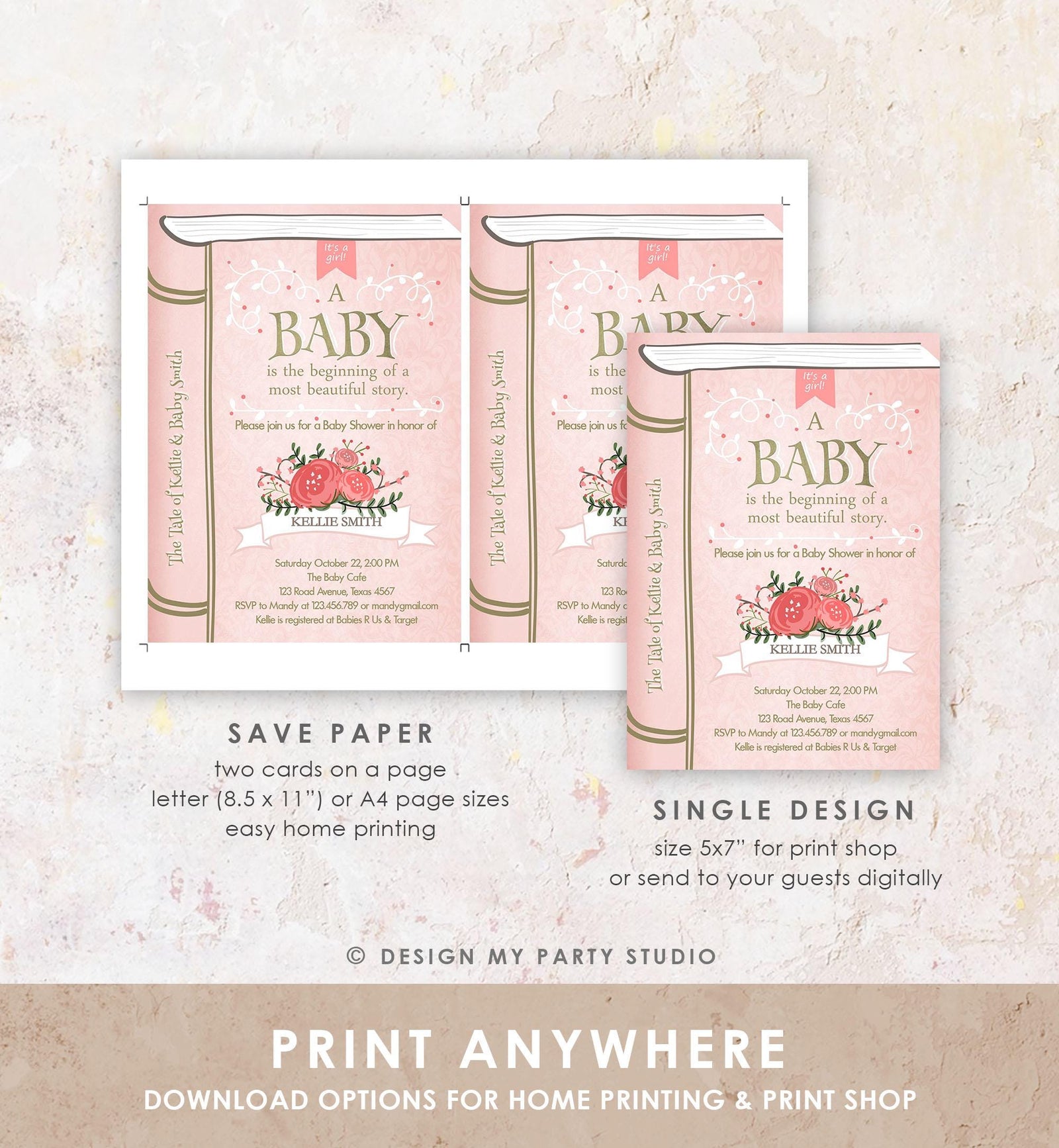 Editable Vintage Storybook Baby Shower Invitation Pink Gold Once Upon a Time Girl Couples Book Digital Evite Template Printable 0023