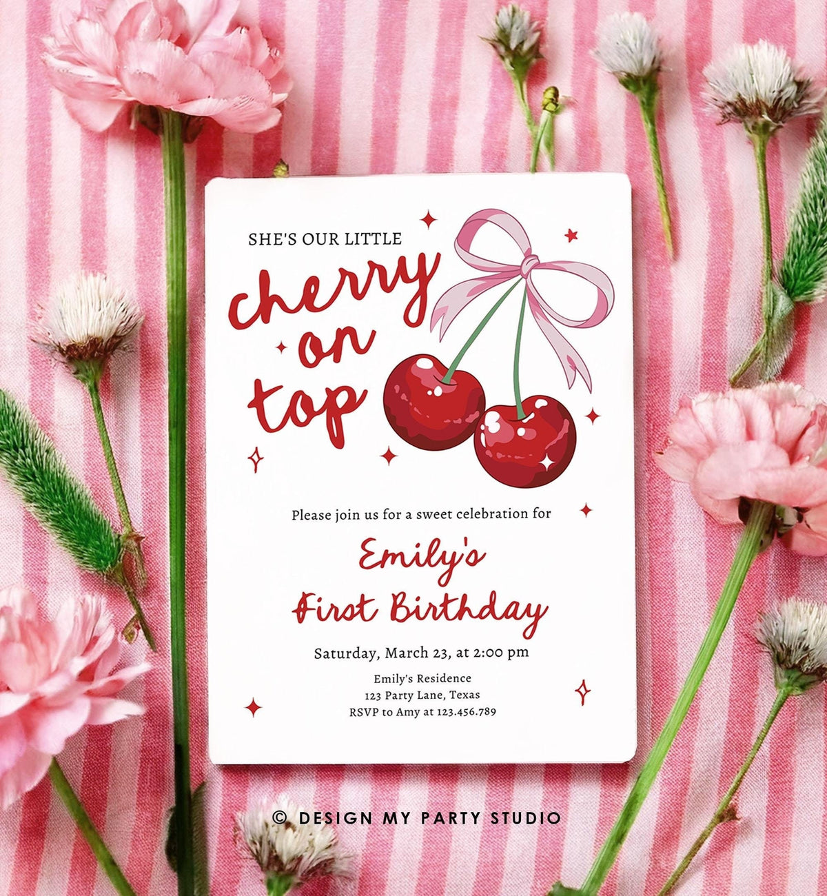 Editable Cherry Birthday Invitation Little Cherry On Top Preppy Coquette Bow Berries Berry Girl Modern Evite Template Digital Download 0539
