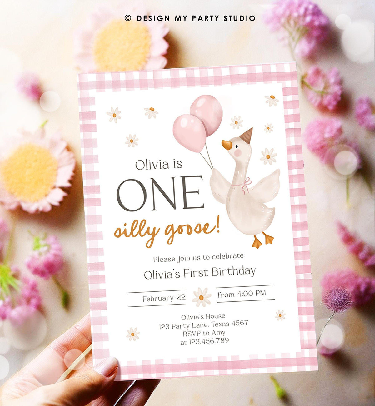 Editable Silly Goose Birthday Invitation Girl Spring Birthday Party Farm Goose 1st Birthday Daisy Digital Download Template Printable 0540