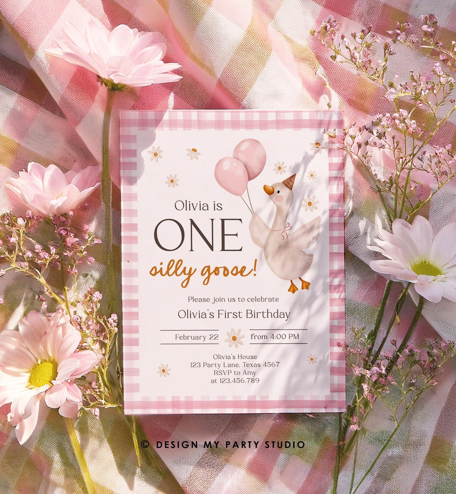 Editable Silly Goose Birthday Invitation Girl Spring Birthday Party Farm Goose 1st Birthday Daisy Digital Download Template Printable 0540