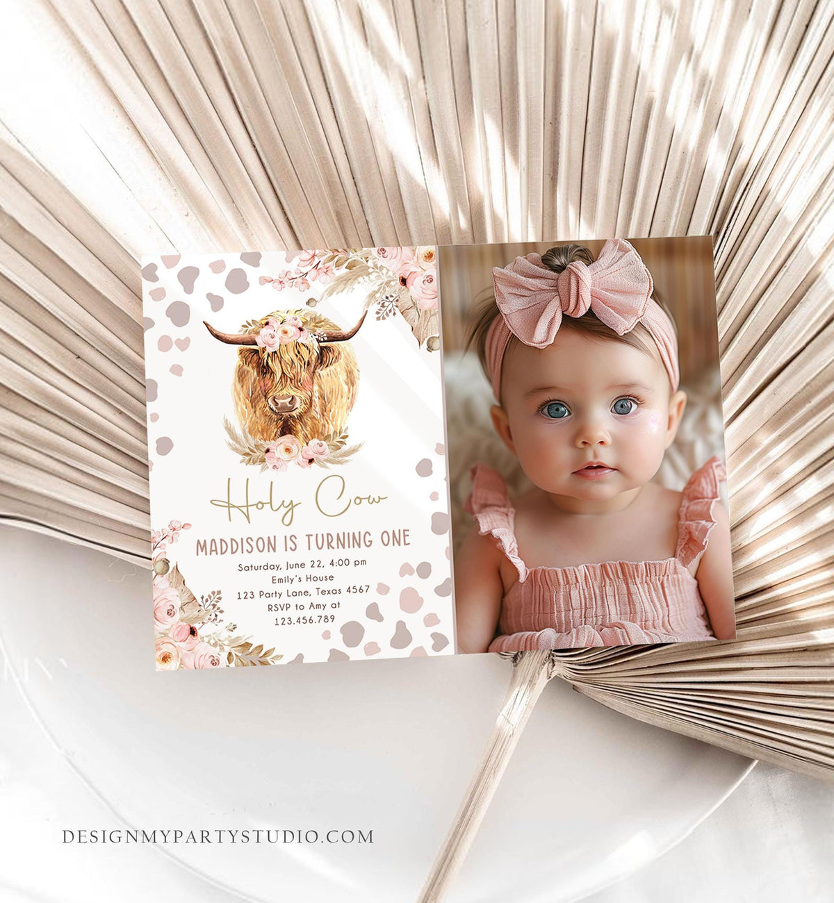 Editable Holy Cow Birthday Invitation Boho Girl Farm Animals Pink Floral Pampas Grass 1st Highlander Digital Evite Template Printable 0453