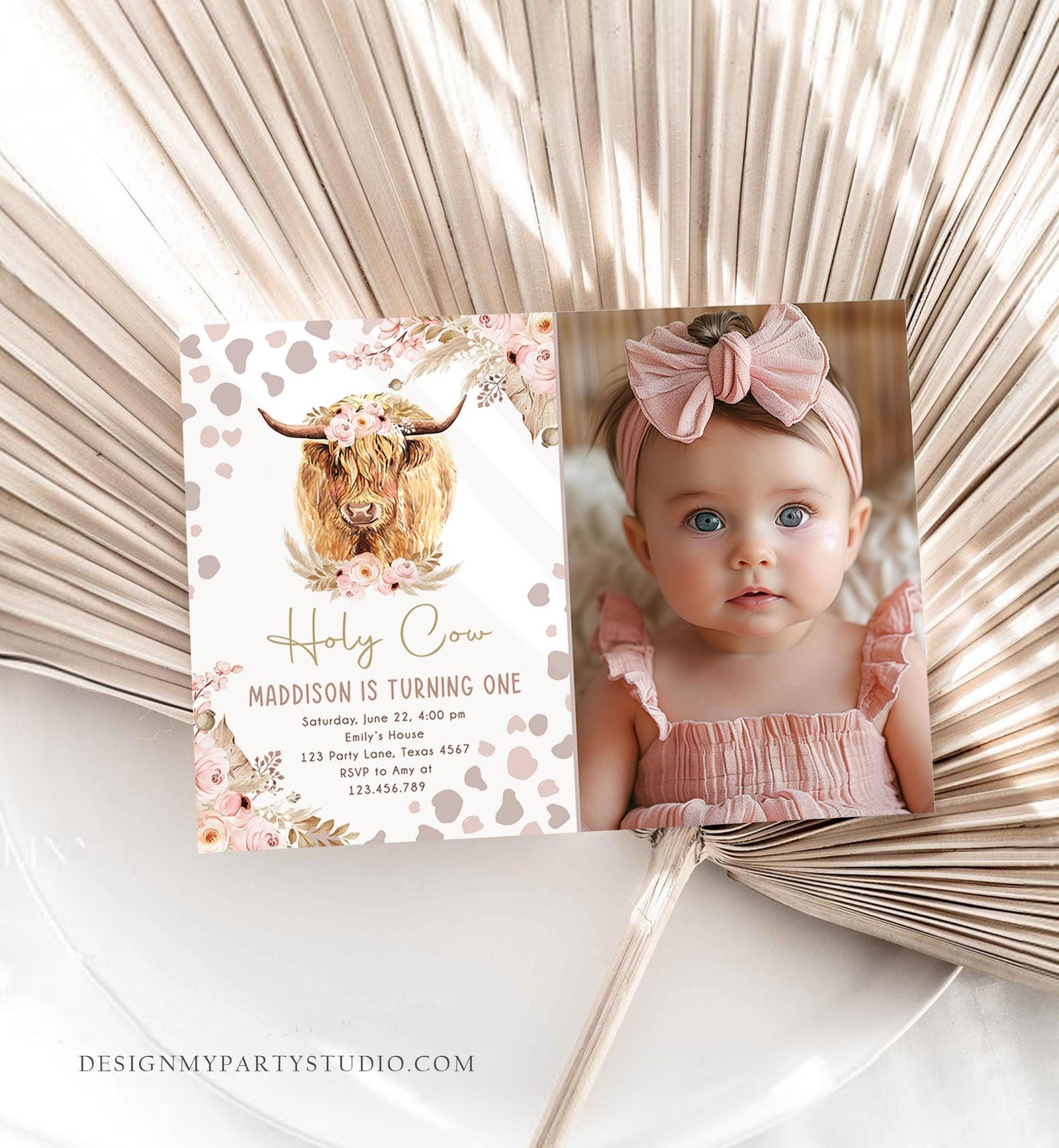 Editable Holy Cow Birthday Invitation Boho Girl Farm Animals Pink Floral Pampas Grass 1st Highlander Digital Evite Template Printable 0453