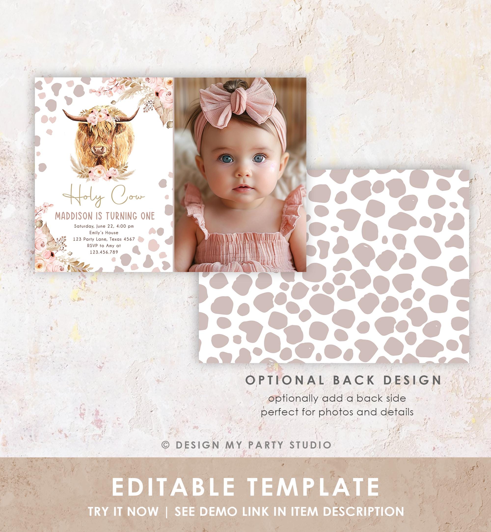 Editable Holy Cow Birthday Invitation Boho Girl Farm Animals Pink Floral Pampas Grass 1st Highlander Digital Evite Template Printable 0453
