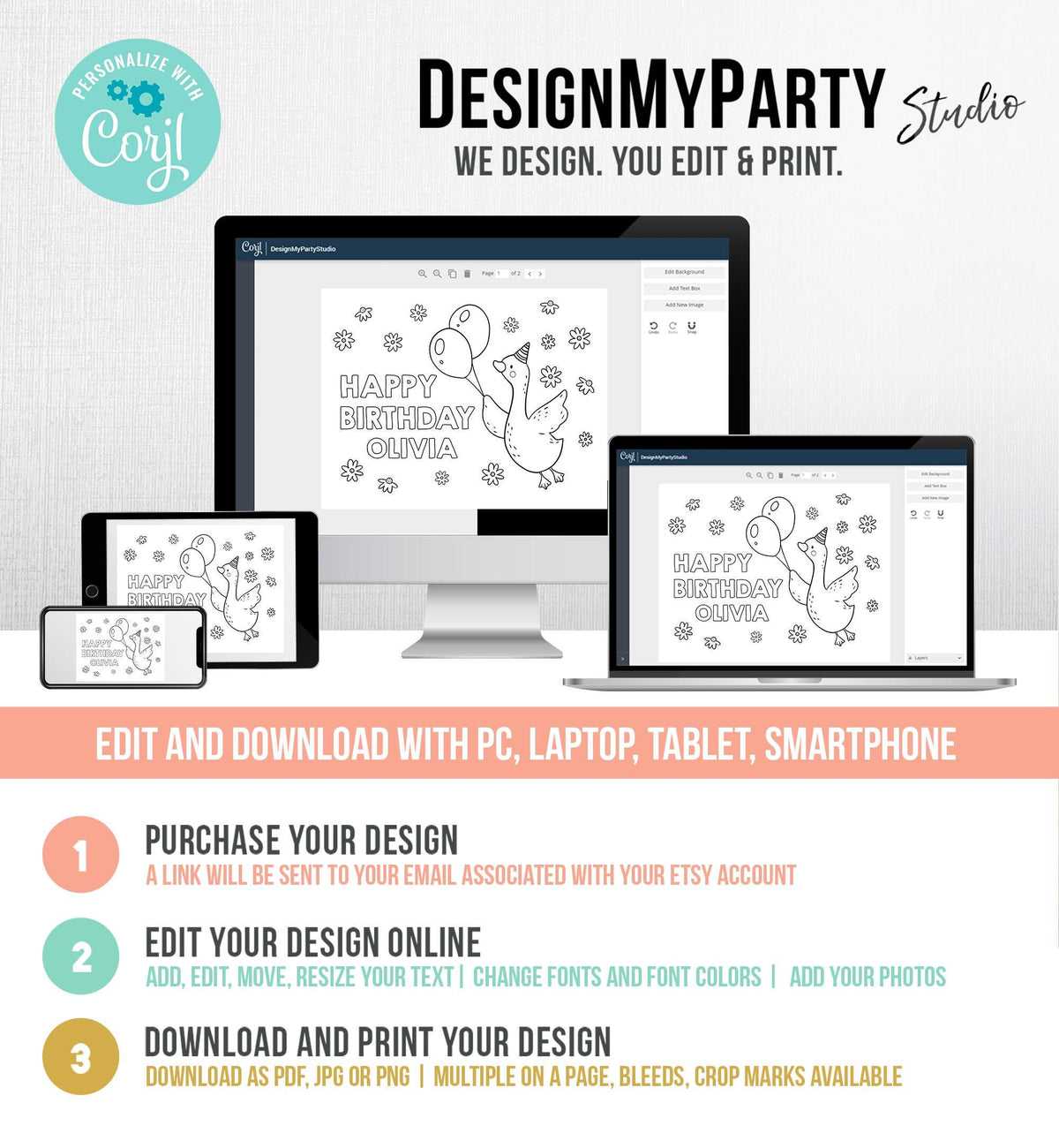 Editable Coloring Page One Silly Goose Birthday Party Activity Game Goose Birthday Farm Animal Girl Daisy Download Printable Digital 0540