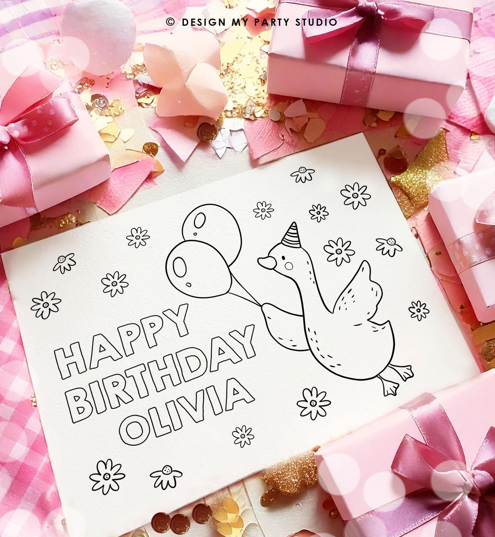 May include: A black and white printable birthday card featuring a goose holding two balloons and the text &#39;Happy Birthday Olivia&#39; surrounded by small flowers.
